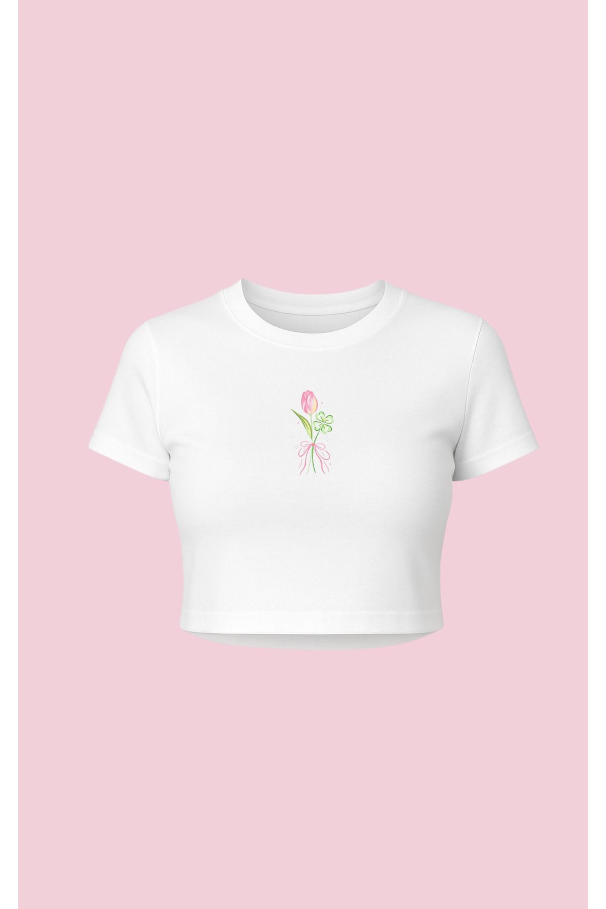 Altair Tr Beyaz Pembe Lale Çiçek Baskılı Crop Pinterst Tipi Tşört