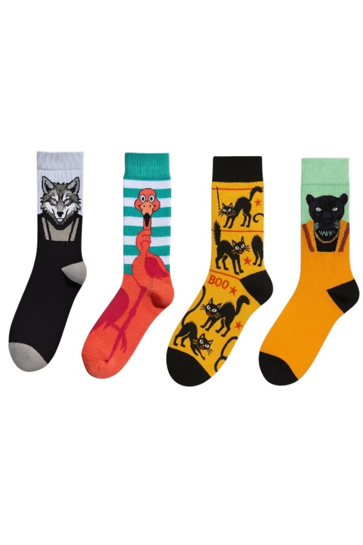Goma Goma Socks Figürlü Karakterli 4 lü Renkli Eğlenceli Unisex Çorap Seti Kurt Flamingo Siyah Kedi Panter Kombin