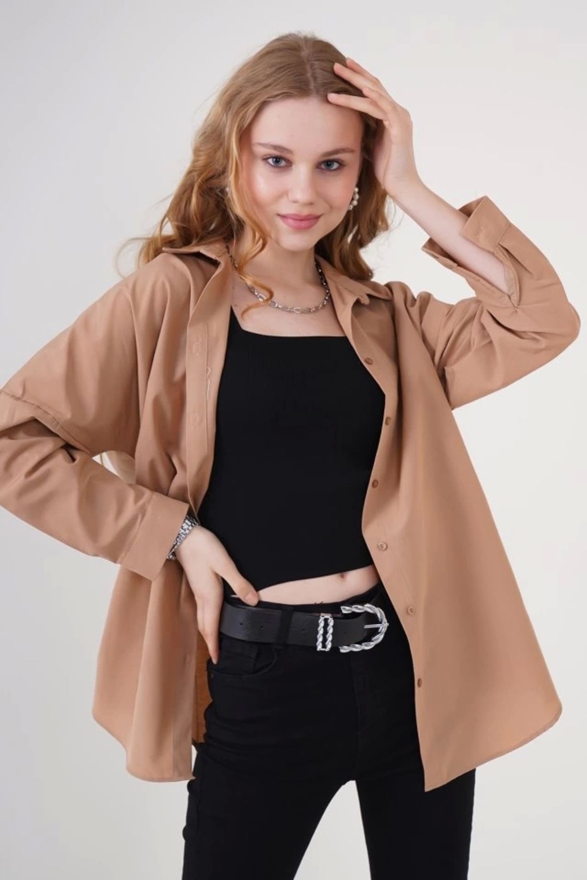 Kaplan 3900 Oversize Uzun Basic Gömlek - Camel