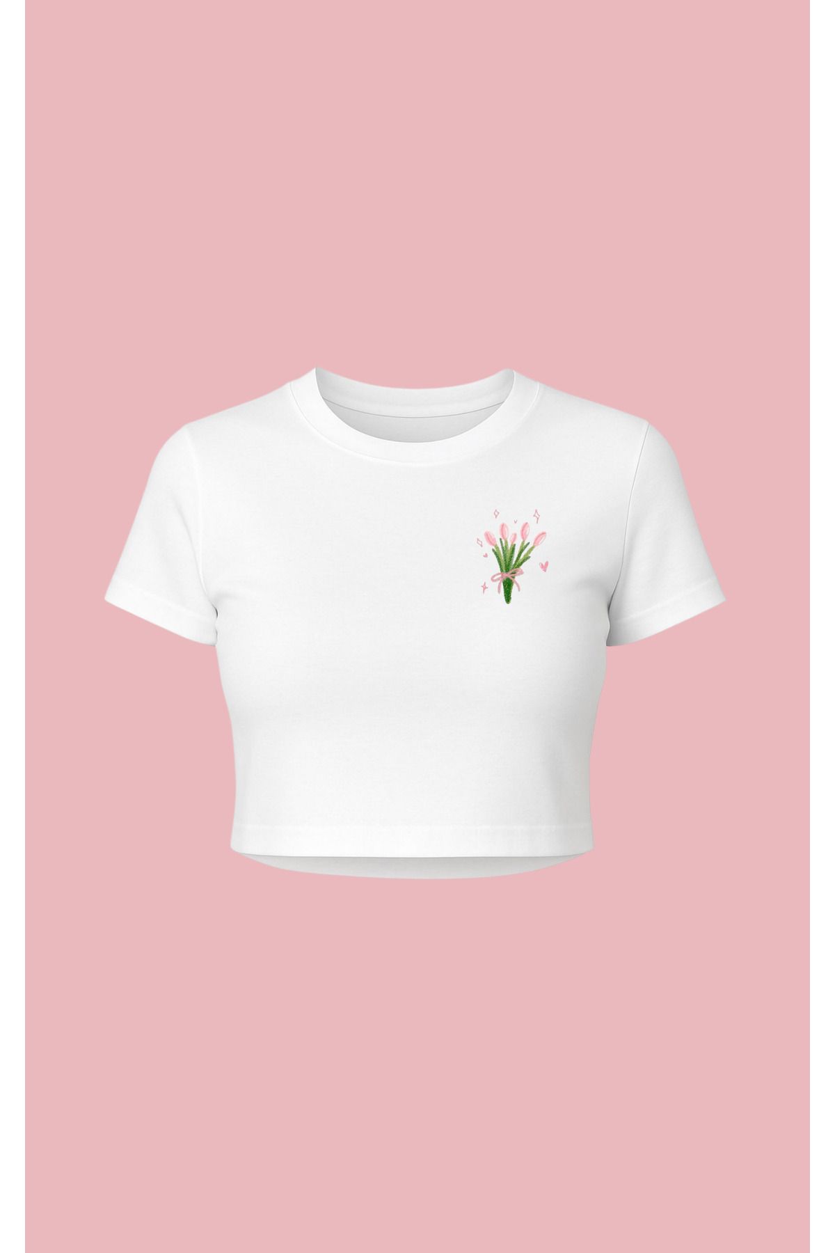 Altair Tr Beyaz Pembe Lale Çiçek Buket Baskılı Crop Pinterst Tipi Tşört