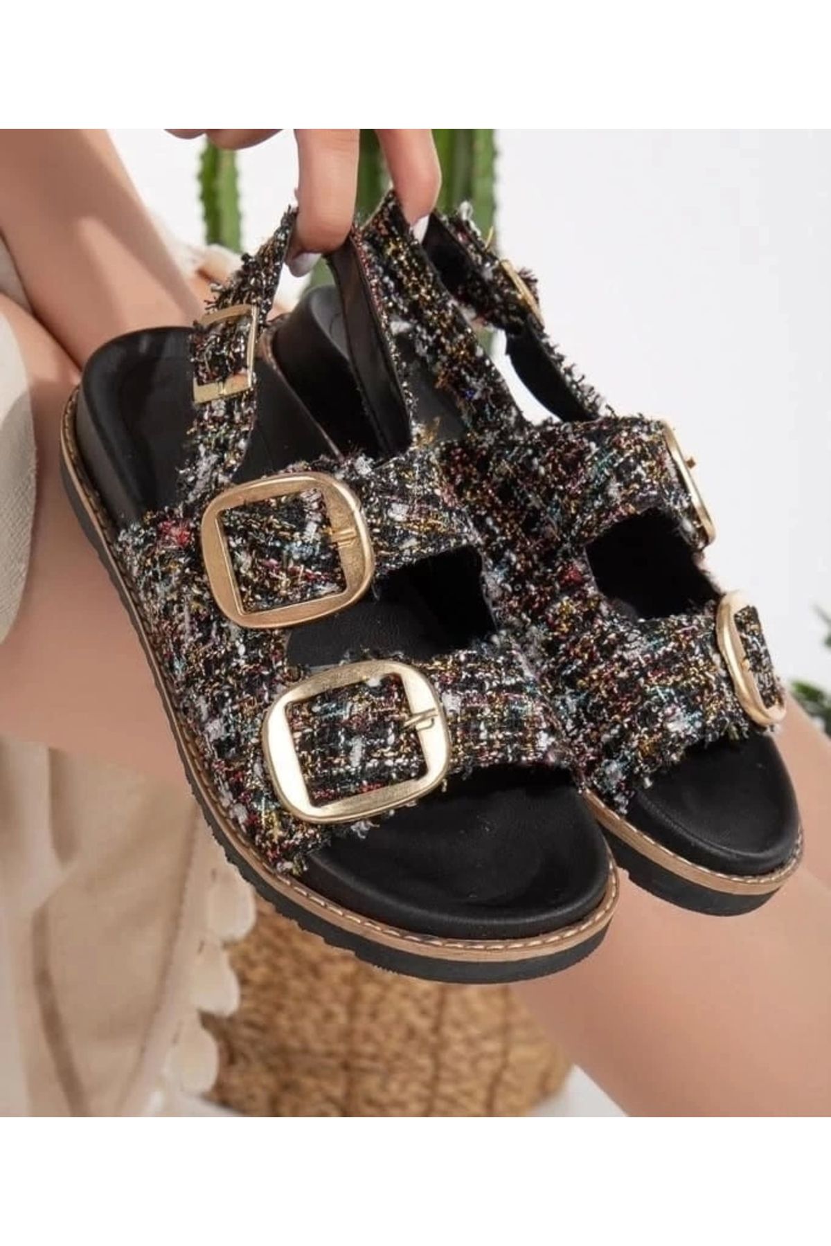 ufukmoda Olira Siyah Simli Kemerli Sandalet