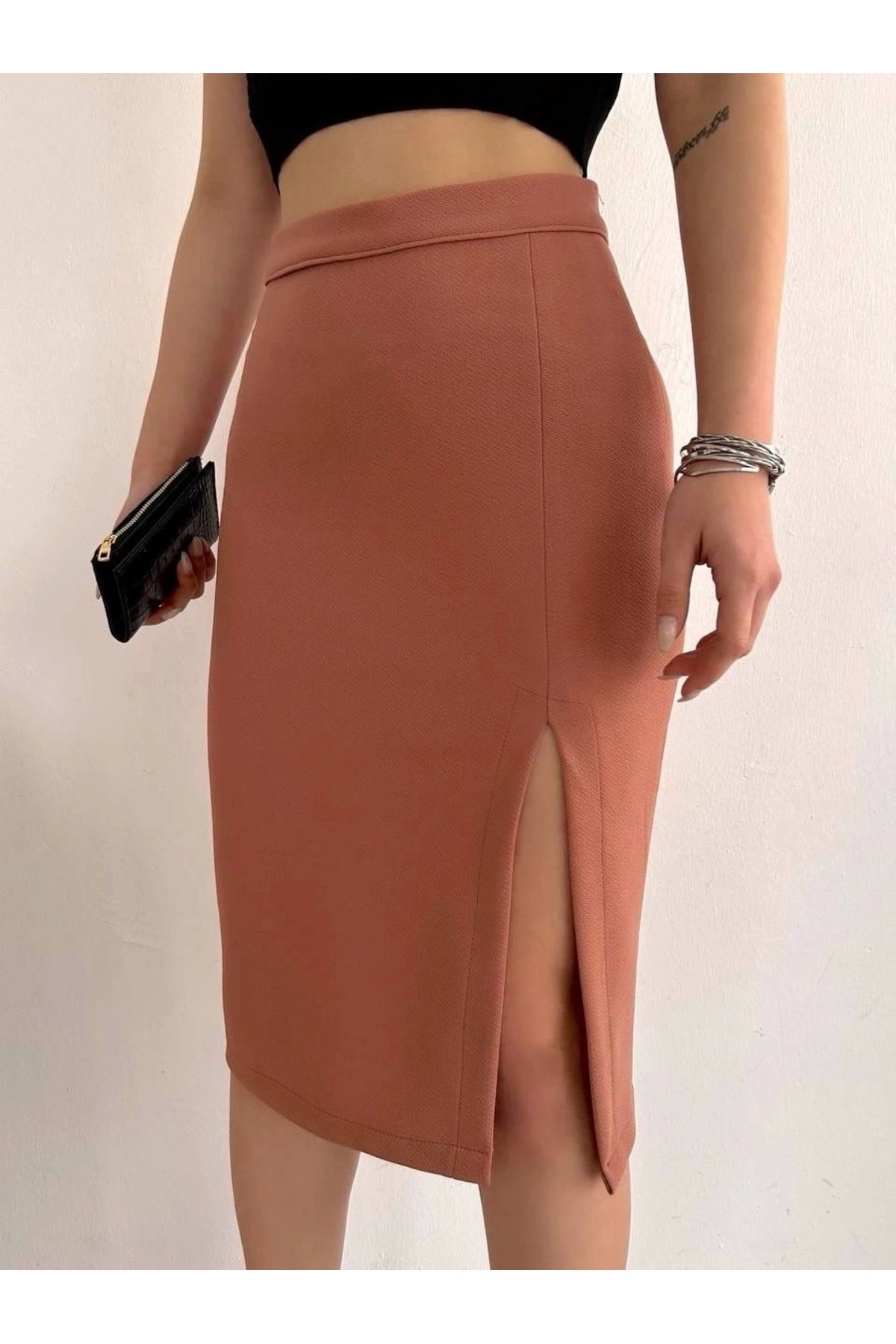 ufukmoda Uzun midi boy yırtmaçlı etek somon s24907