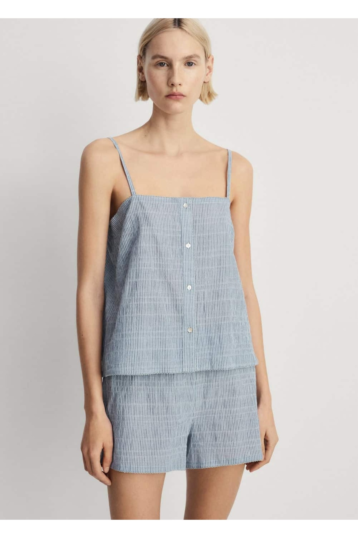 Gofre Dokuma Çizgili Pamuklu Iki Parça Pijama