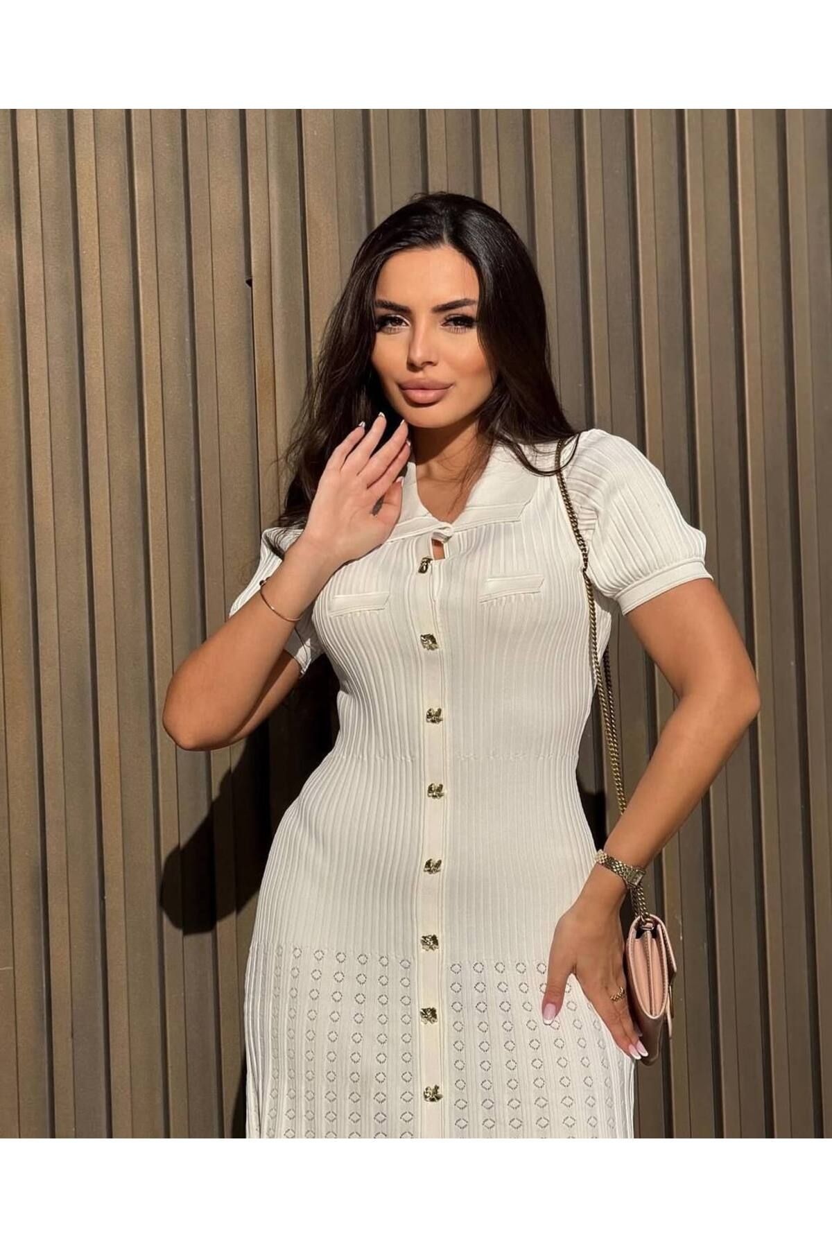 Abalı Yeni sezon triko elbise, pamuklu yazlık, yumuşak iplik Jar Almajbor model.