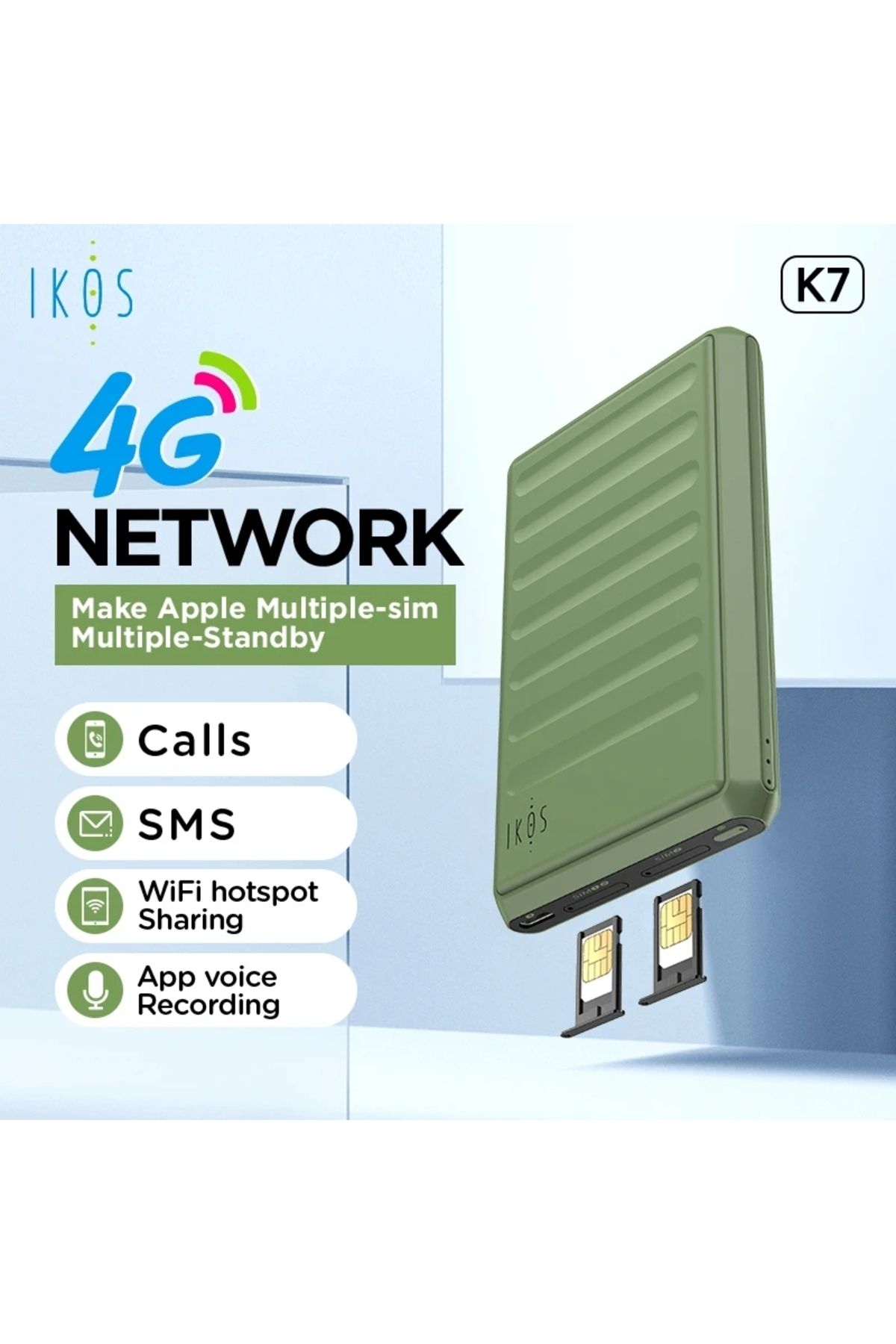 collazer iKos K7 Çift SIM 4G Adaptör - iPhone Uyumlu, Çağrı/SMS/WiFi Hotspot/Ses Kayıt