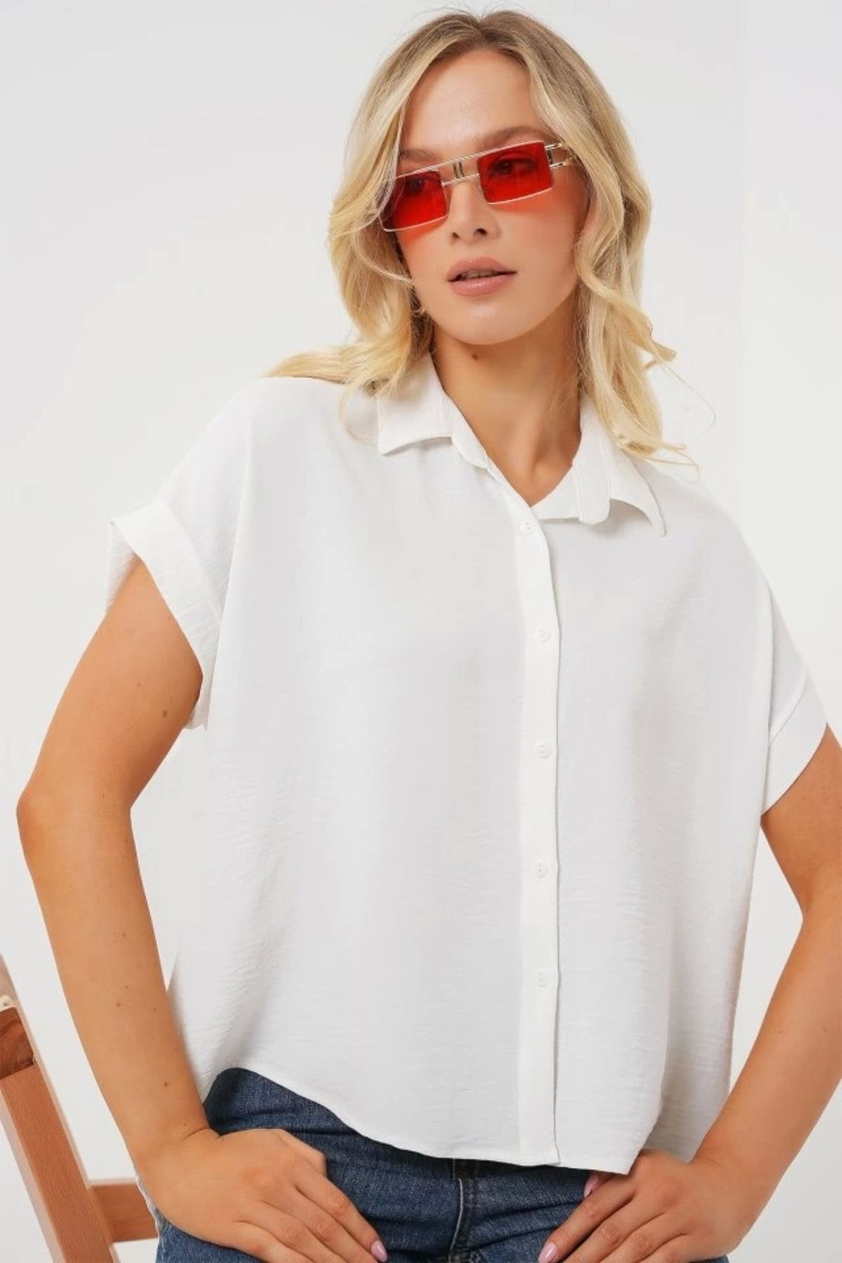 Butik Oversize Kısa Kol Gömlek 20322 - Beyaz