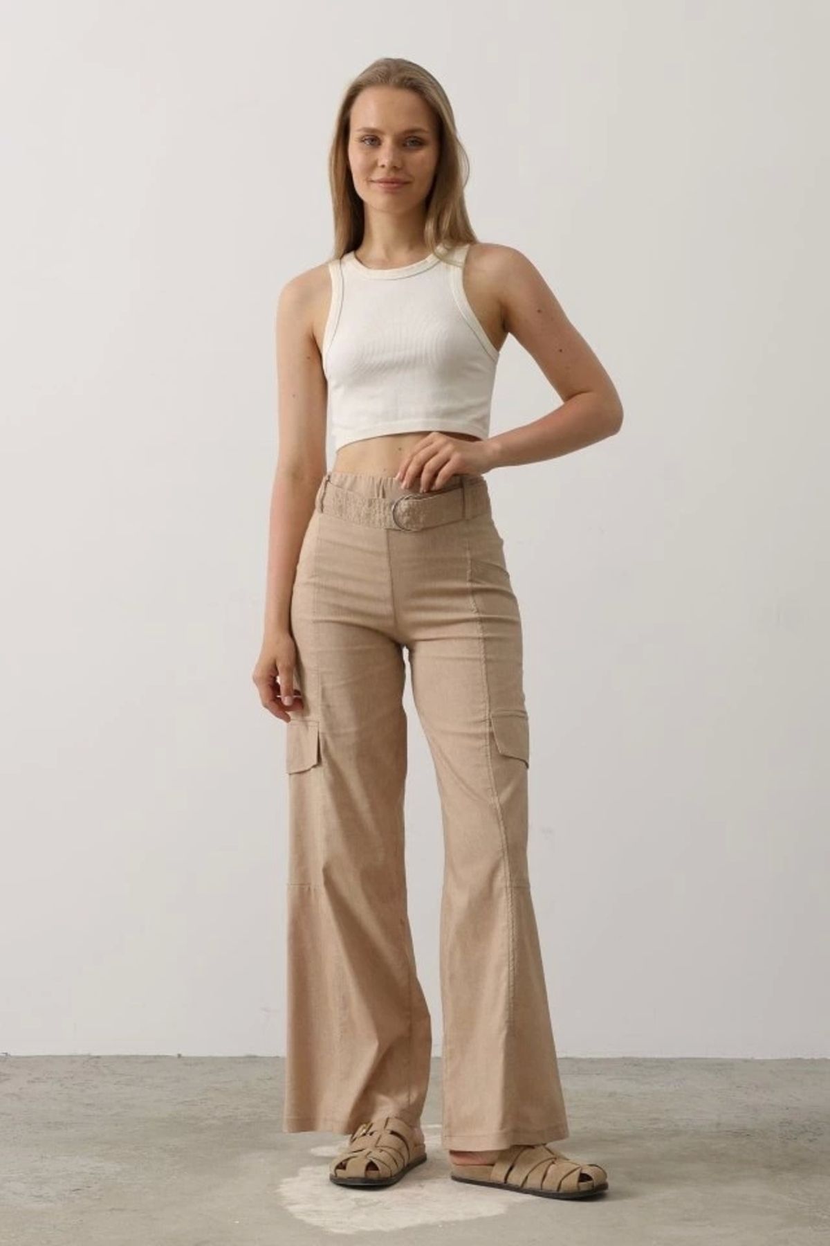 Butik Kemerli Cargo Pantolon - Taş