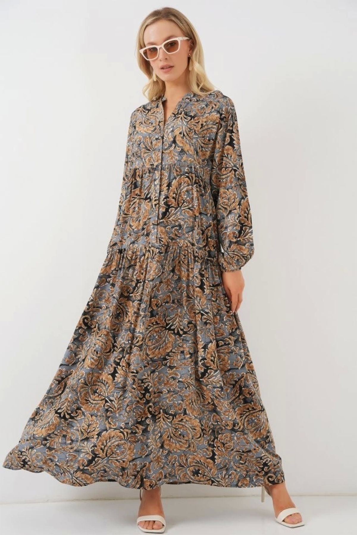 Butik 2423 Otantik Desenli Tesettür Elbise - A.Gri