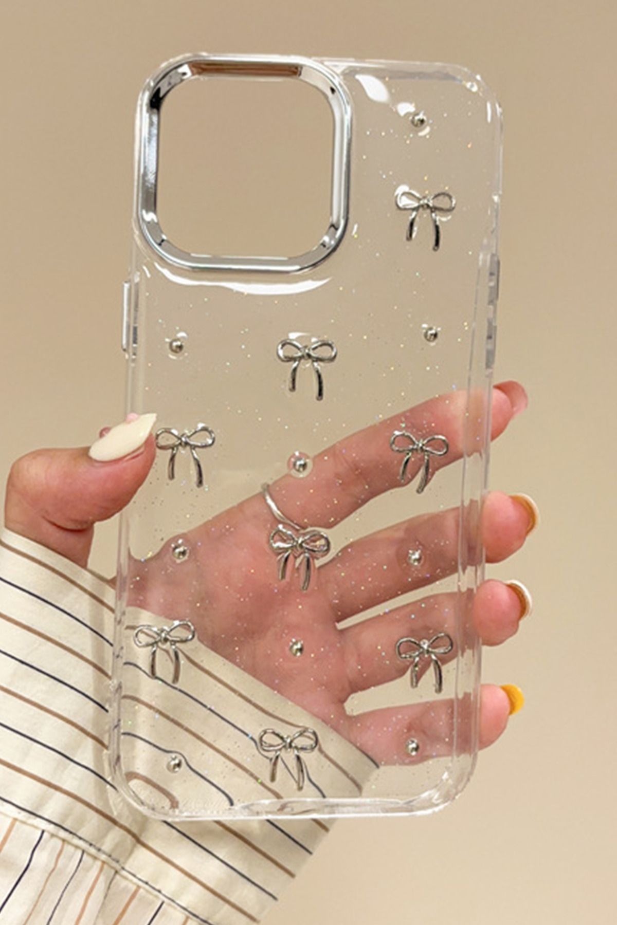 WANNA PROTECT İphone 16E Uyumlu Fiyonk Desenli Şeffaf Kapak Simli Darbeye Karşı Dayanıklı Telefon Kılıfı Kapak