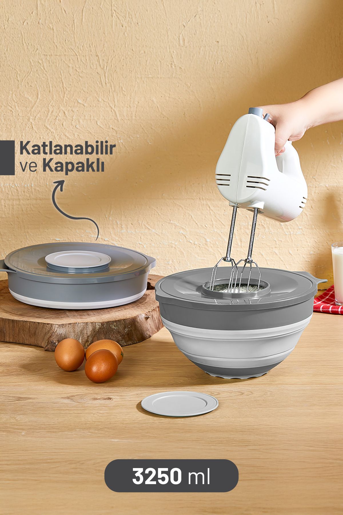 İronika Katlanır Akordiyon Sıçramayı Önleyici Kapaklı Mikser Karıştırma Kabı 3250 ml