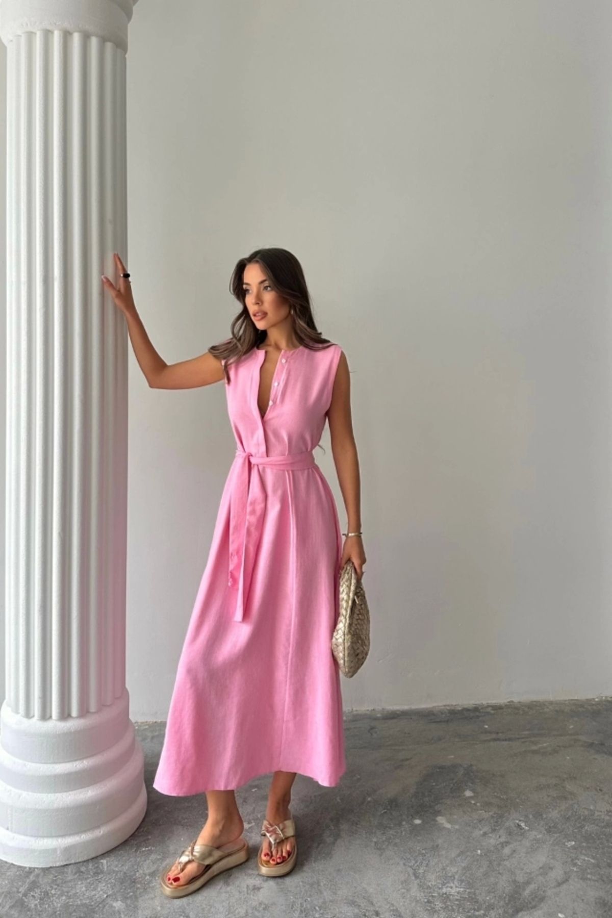 Butik KETEN ELBİSE KOLSUZ BEL BAĞLAMALI MAXİ ELBİSE - Pembe