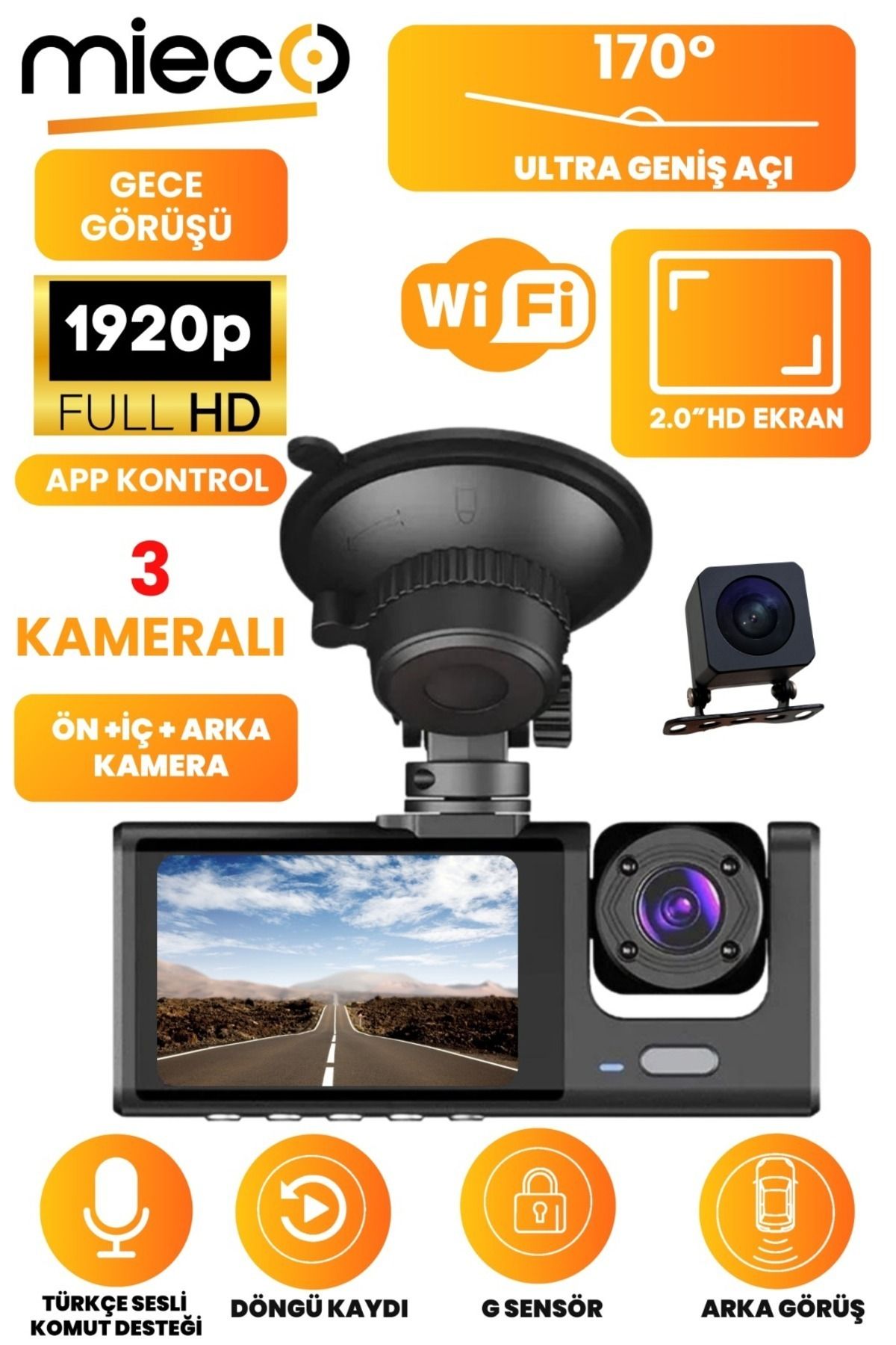 Mieco 1s Wifi/1920p Fhd/170° Ultra Geniş Açı/gece Görüşü Ve G-sensörü/ 3 Kameralı Araç Kamerası (2025)