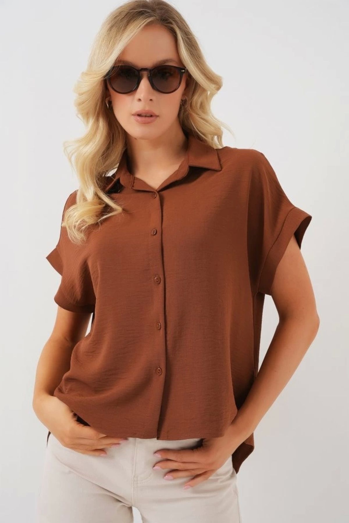 Butik Oversize Kısa Kol Gömlek 20322 - Taba
