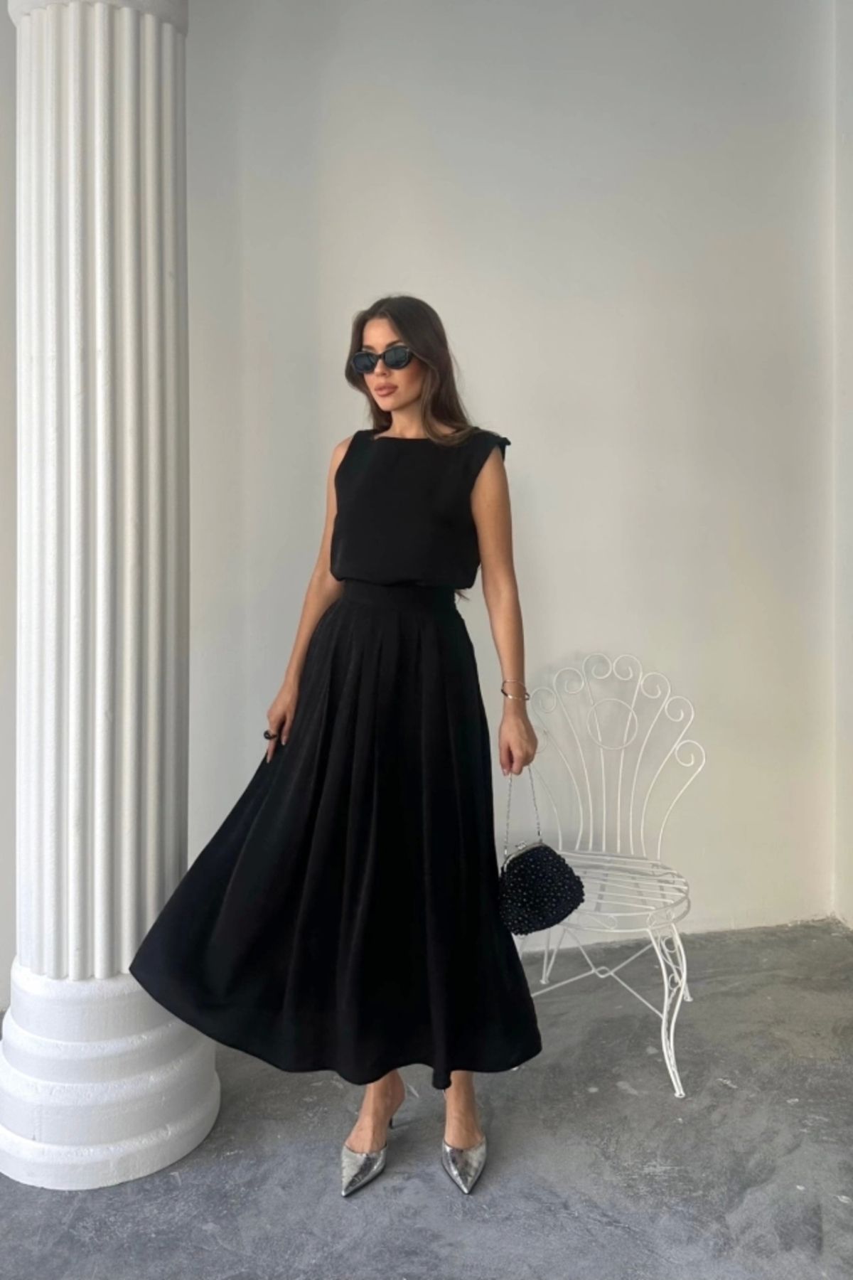 Butik KETEN KOLSUZ BLUZ - MAXİ ETEK TAKIM - Siyah