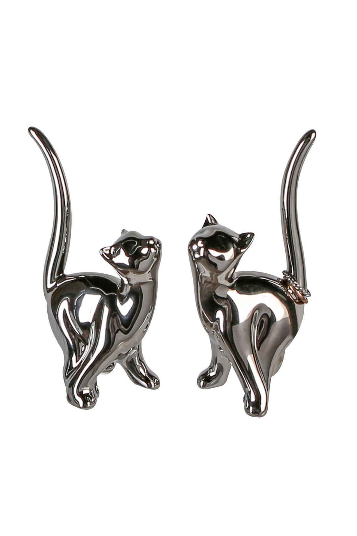 Gilde Gılde 2'Li Dekoratif Kedi Seramik Gümüş Renkli L.6 Cm W.8 Cm H.15 Cm