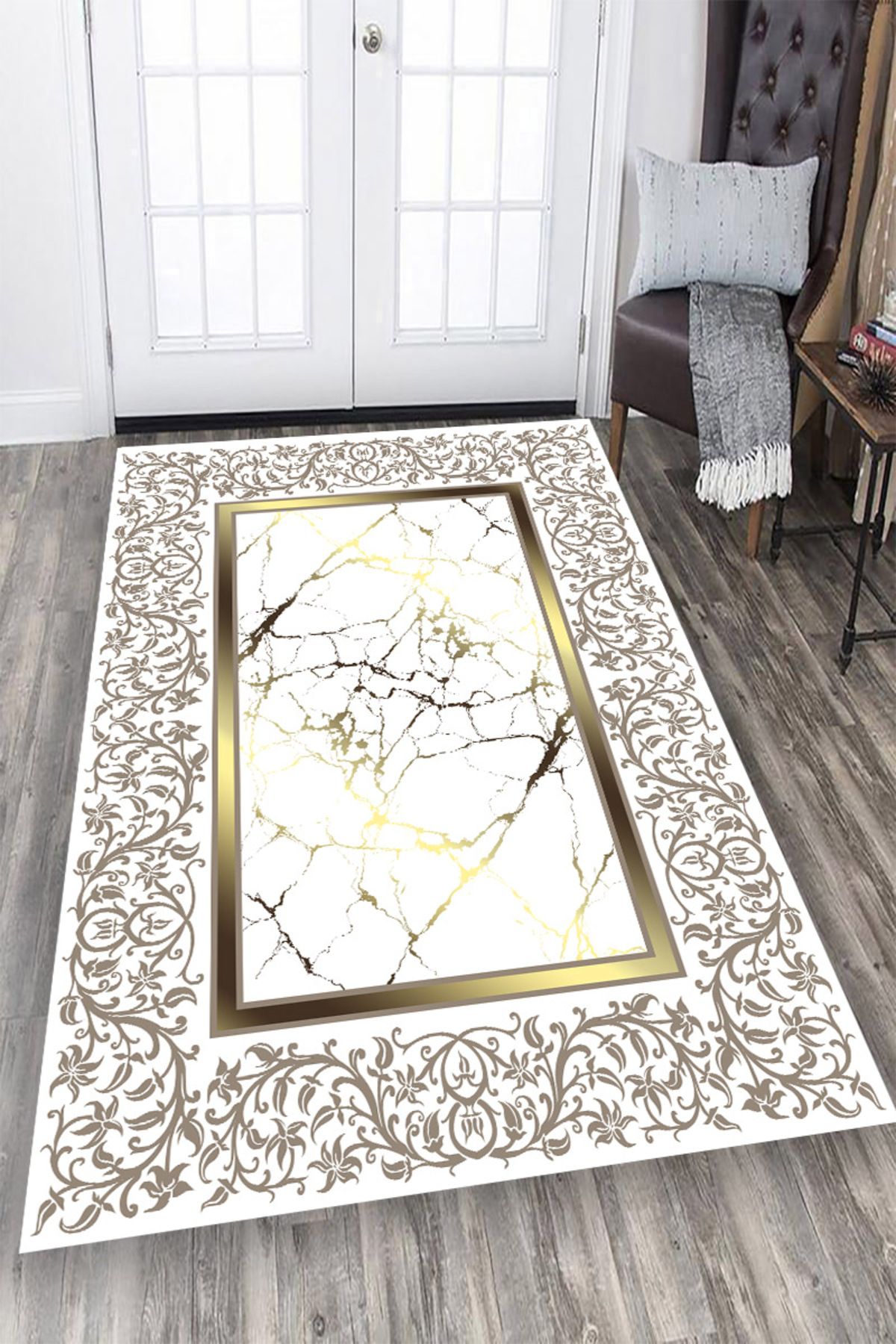 Resmiro Makinede Yıkanabilir Kaymaz Taban Leke Tutmaz Altın Mermer Desenli Salon ve Yolluk Halısı