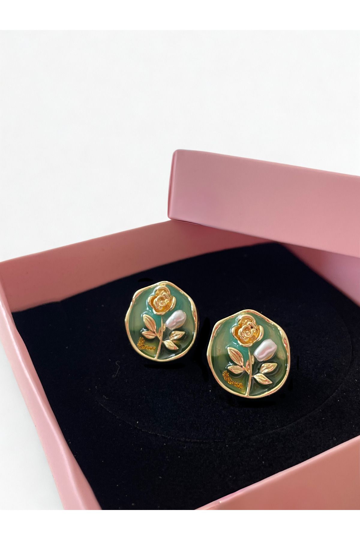 Ela accessories Vintage Çiçekli İnci Detaylı Turuncu Gold Çelik Küpe