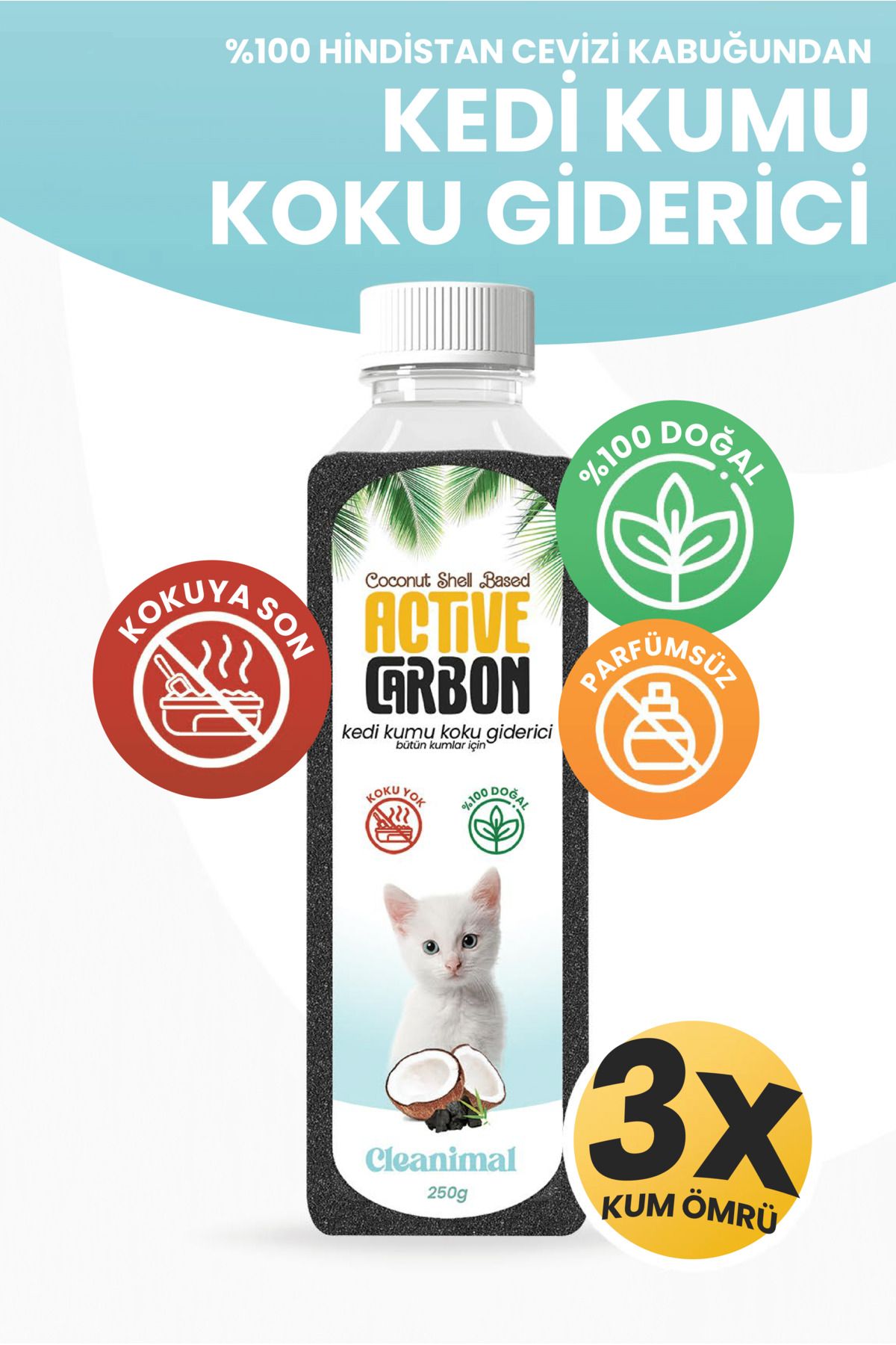 Cleanimal Kedi Kumu Koku Giderici – %100 Doğal Hindistan Cevizi Aktif Karbon – 250g