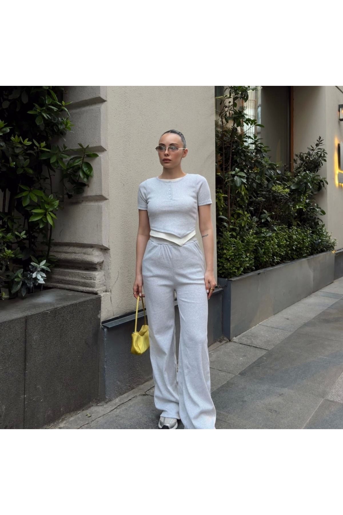 BYB MODA TASARIM Düğme yakalı gri alt üst takım s3943