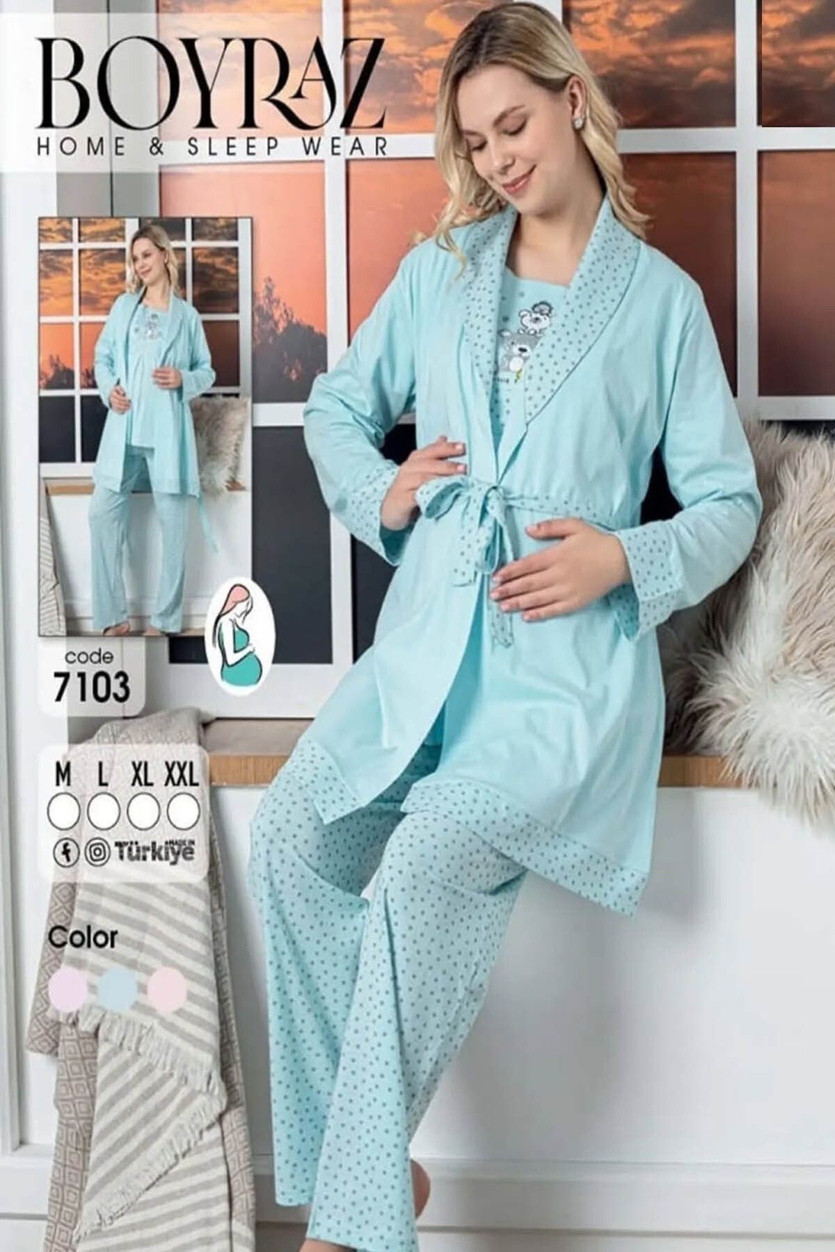 BOYRAZ Hamile Beli Bağlamalı 3'lü Desenli Pijama Takımı 7103-Bebe Mavisi Renk