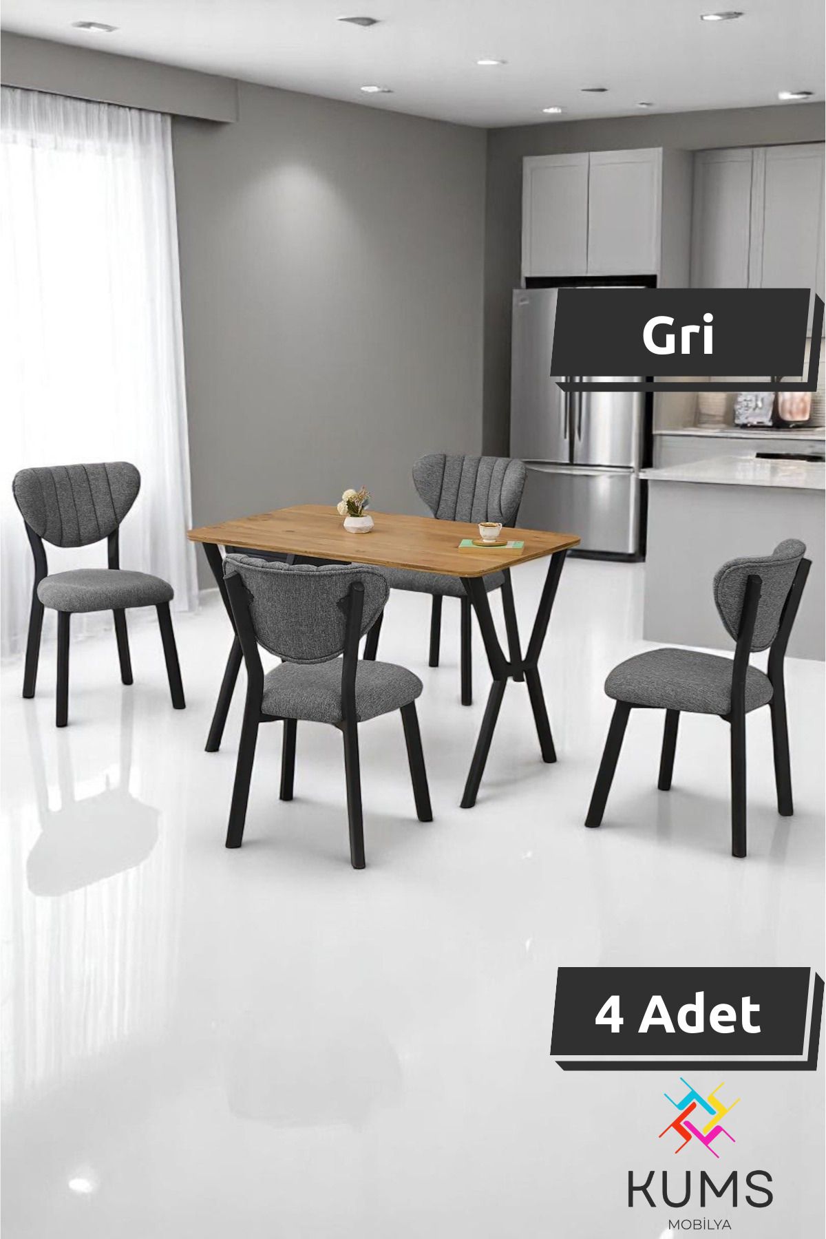 KUMS Elma Masa Sandalye Takımı – 4 Kişilik, Sabit Masa, Modern Çam Desen