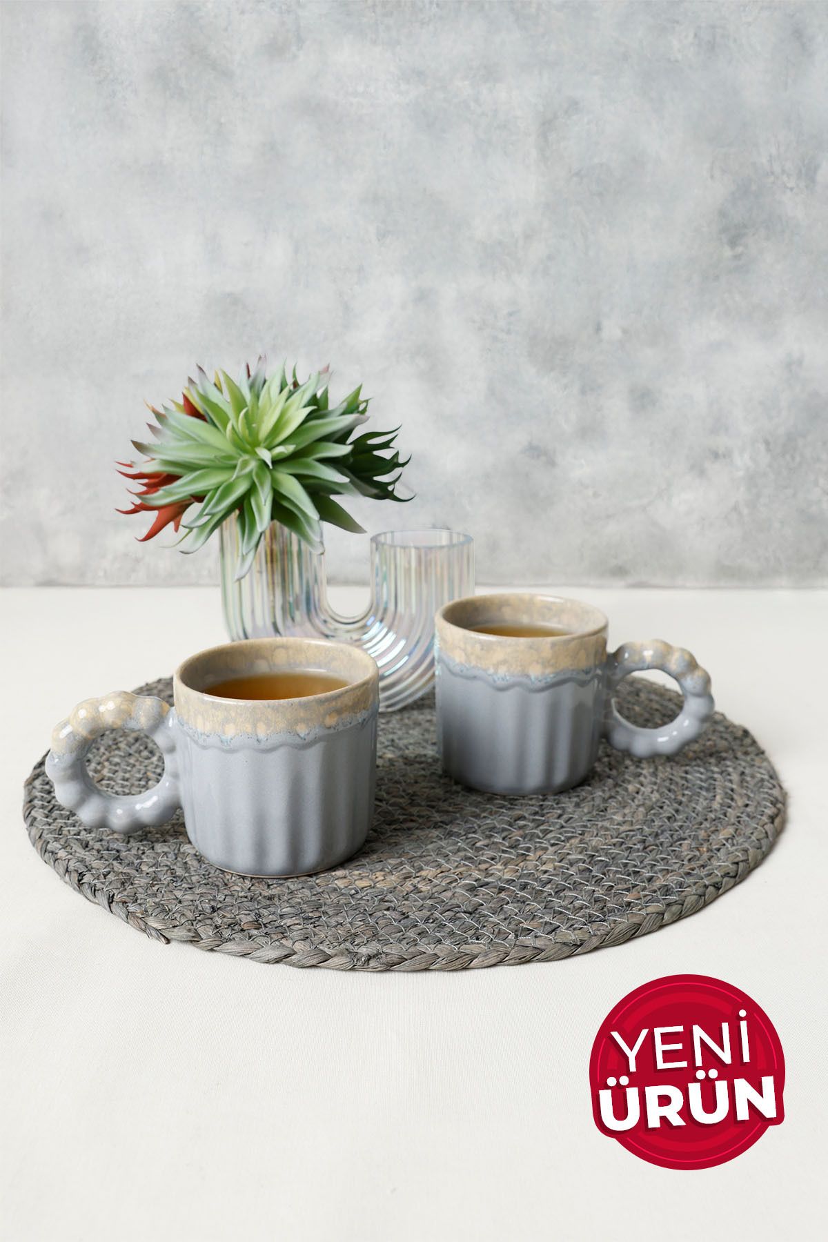 Keramika Shizen Gri İnci Kulplu Senta Kupa 8 Cm 2 Adet 613