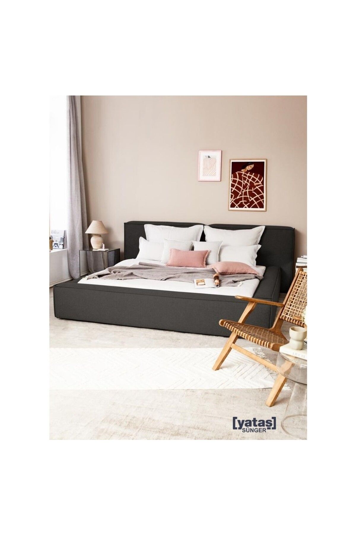 NEXHOME Nova Karyola Baza Başlık Set 160x200 cm. Koyu Antrasit Keten Kumaş (Montaj Dahil)