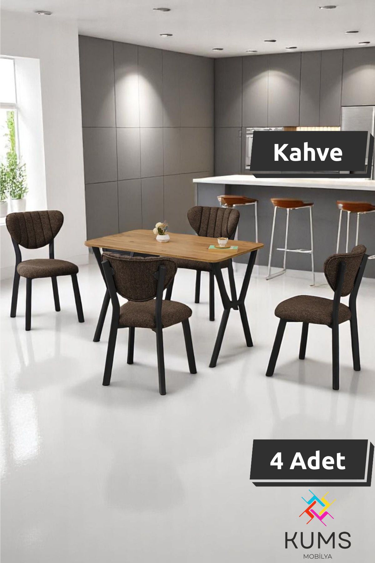 KUMS Elma Masa Sandalye Takımı – 4 Kişilik, Sabit Masa, Modern Çam Desen