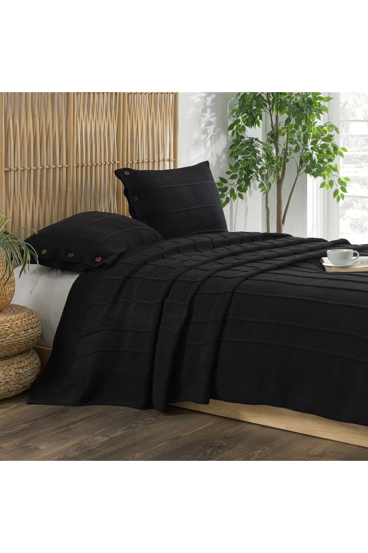 ELLE HOME Triko Çift Kişilik Yatak Örtüsü - Siyah
