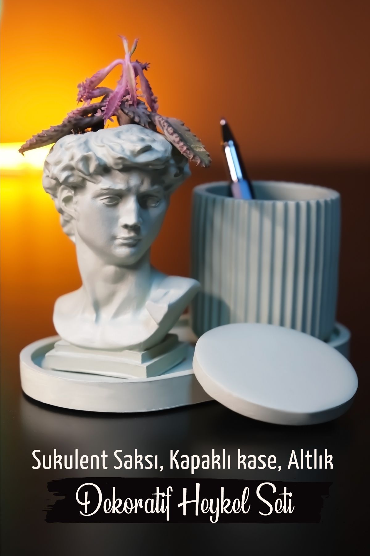 Tasarım Dekoratif Davut Heykel Seti Sukulent Saksı & Kase & Altlık 4'lü Set