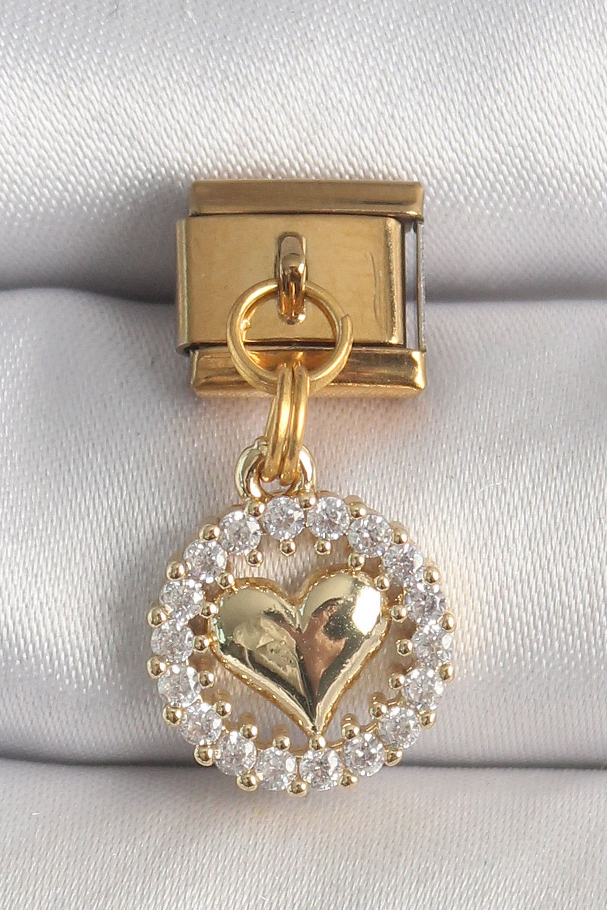 Skygo 316L Çelik Gold Renk Sallantı Zirkon Taşlı Kalp Model Nomination Charm - TJ-BC1367