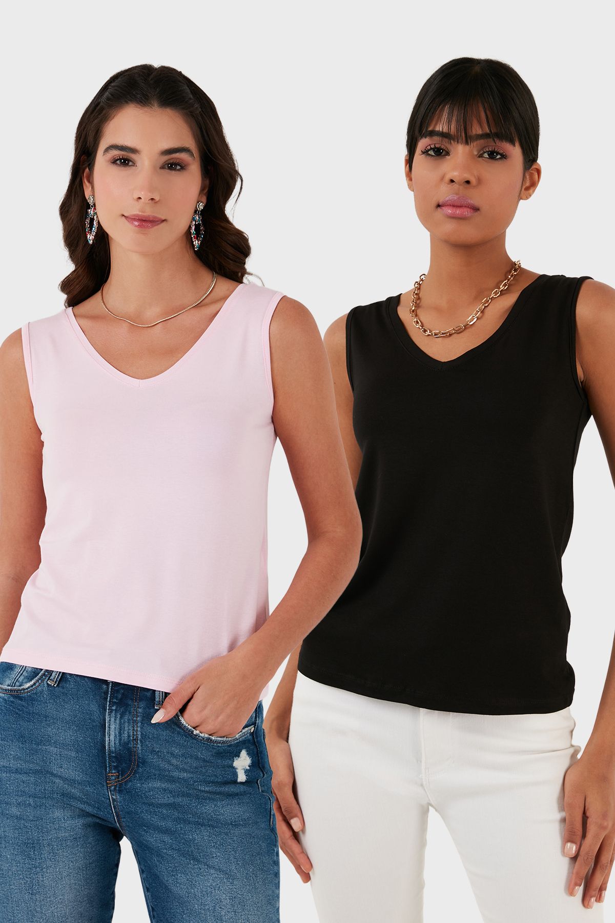 Lela Slim Fit V Yaka Kalın Askılı 2' li Paket Bluz BLUZ 5864384S2
