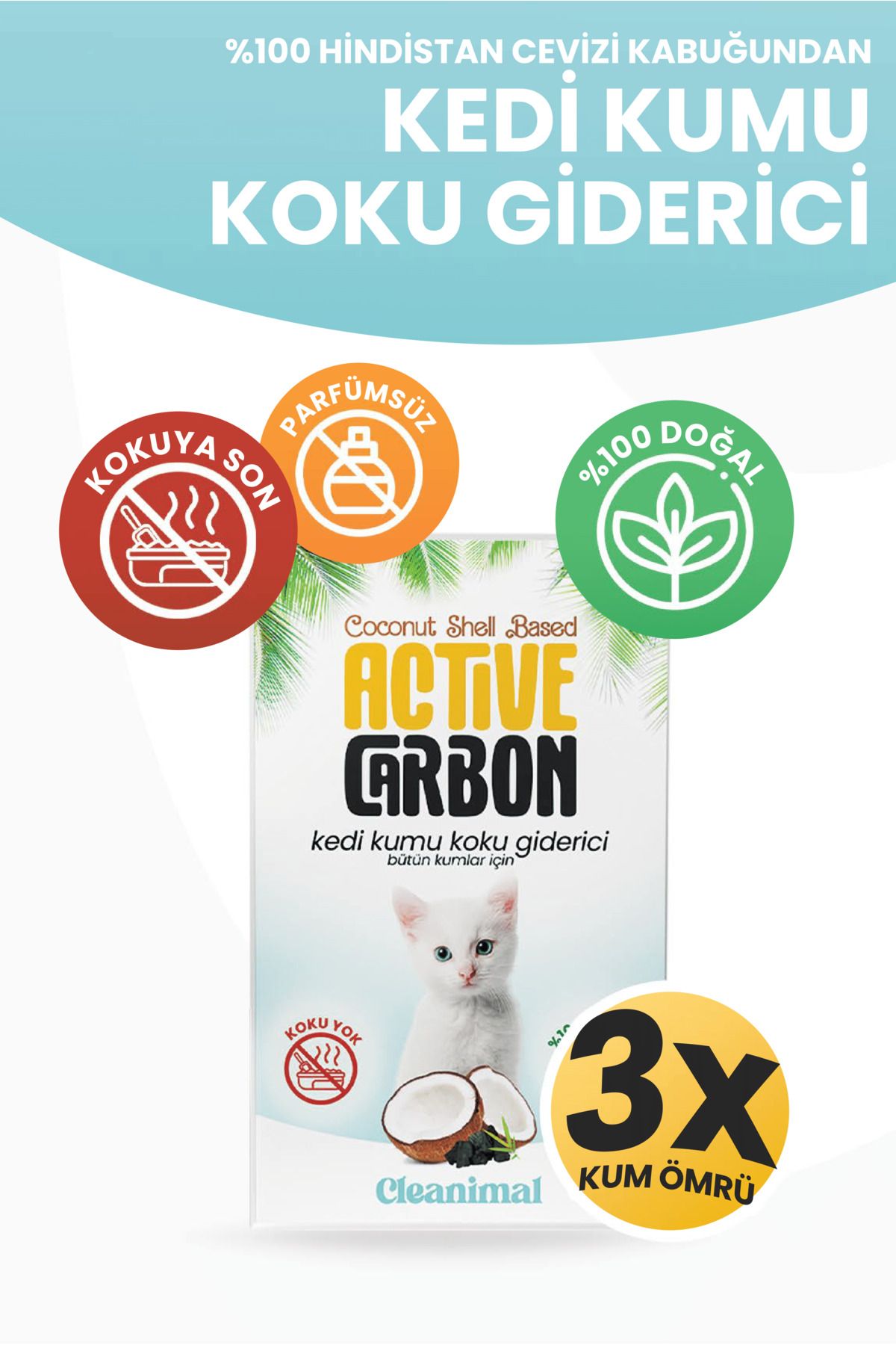 Cleanimal Kedi Kumu Koku Giderici – %100 Doğal Hindistan Cevizi Aktif Karbon – 50g