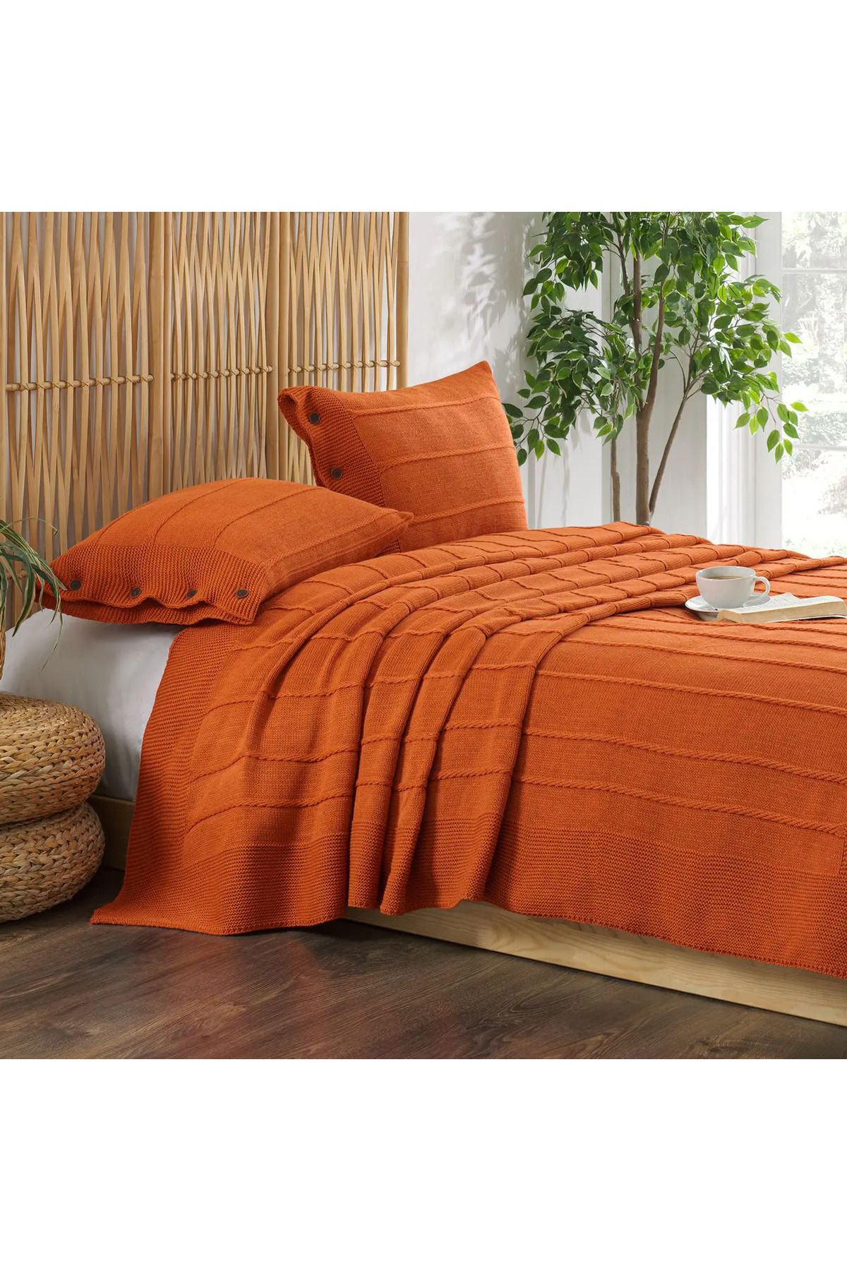 ELLE HOME Triko Çift Kişilik Yatak Örtüsü - Tarçın