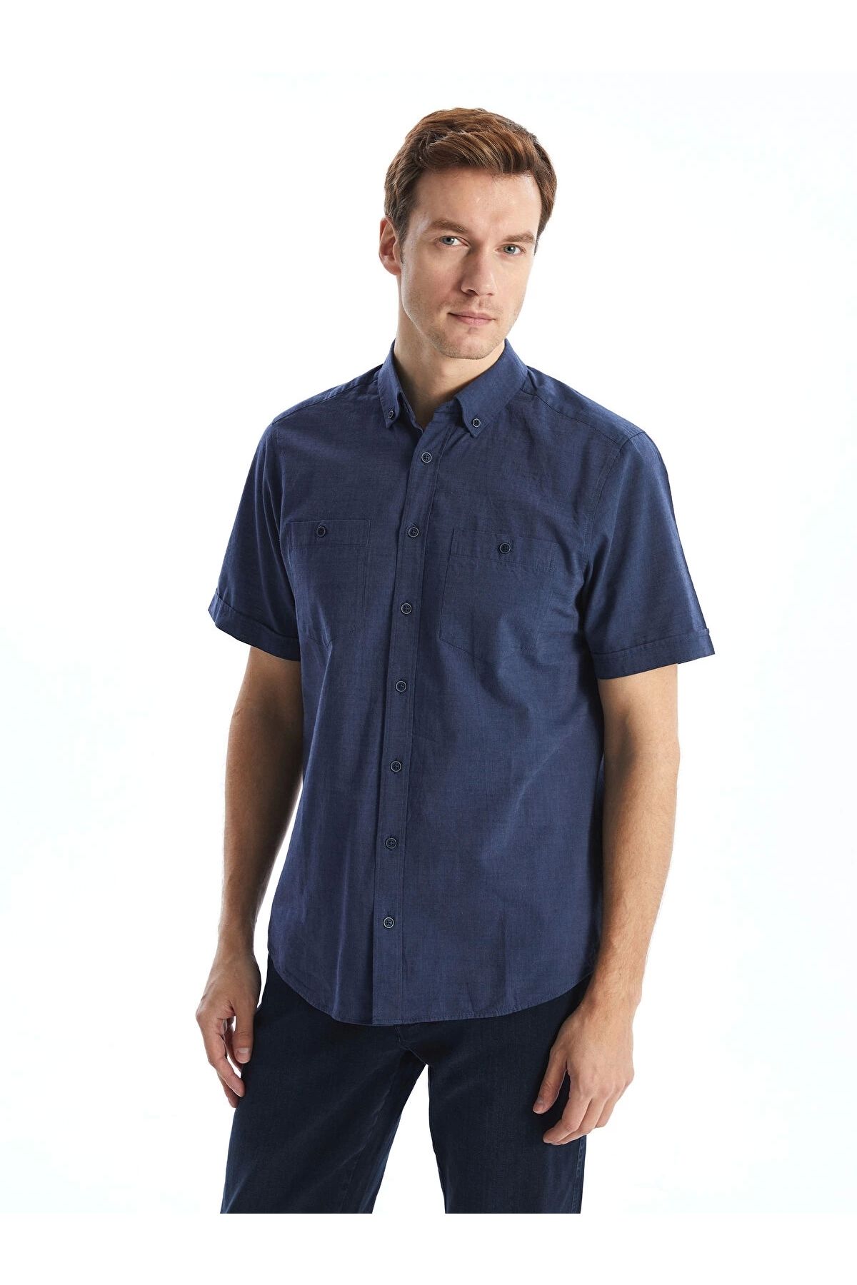 LC Waikiki LCWAIKIKI Classic Indigo Regular Fit Kısa Kollu Poplin Erkek Gömlek