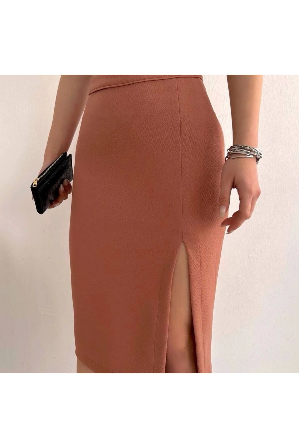 BYB MODA TASARIM Uzun midi boy yırtmaçlı etek somon s24907