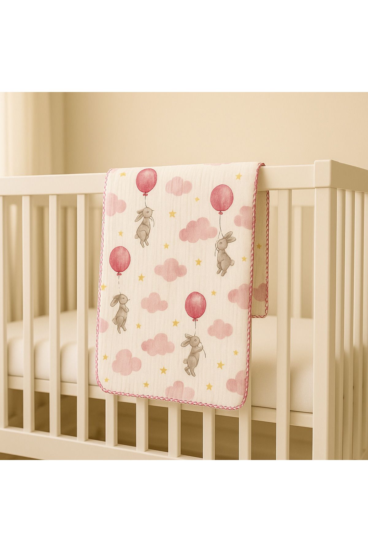 HEPSİ BEBEK %100 Organik Pamuk Müslin Yazlık Mevsimlik Bebek Battaniyesi – Pembe Balonlu Tavşan Desenli