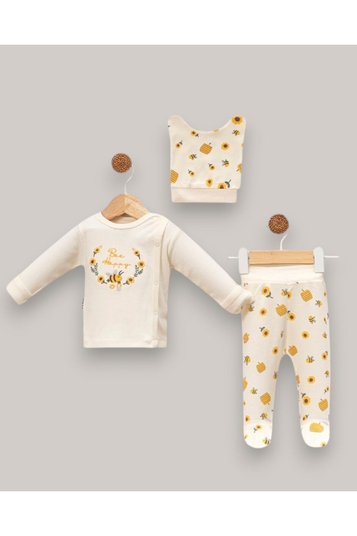 MINNOOSH BABY Arı Nakışlı Kız Bebek 3'Lü Zıbın Takımı %100 Pamuk