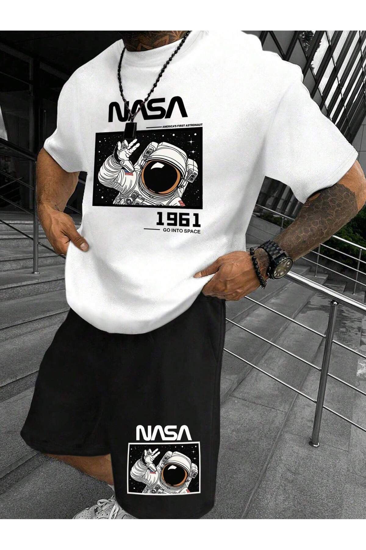 aynewmoda Erkek Yaz Yuvarlak Yaka Kısa Kollu Astronot Mektup Baskılı Tişört ve Şort Takımı