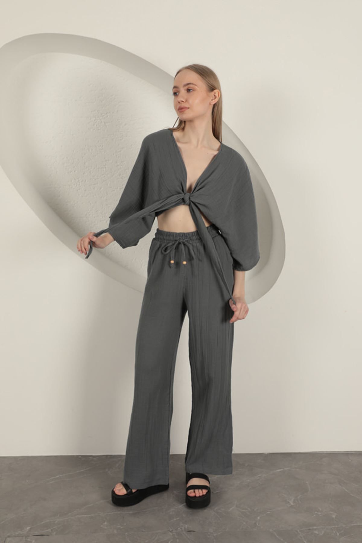 Moon Sima Müslin Kumaş Kimono-Antrasit