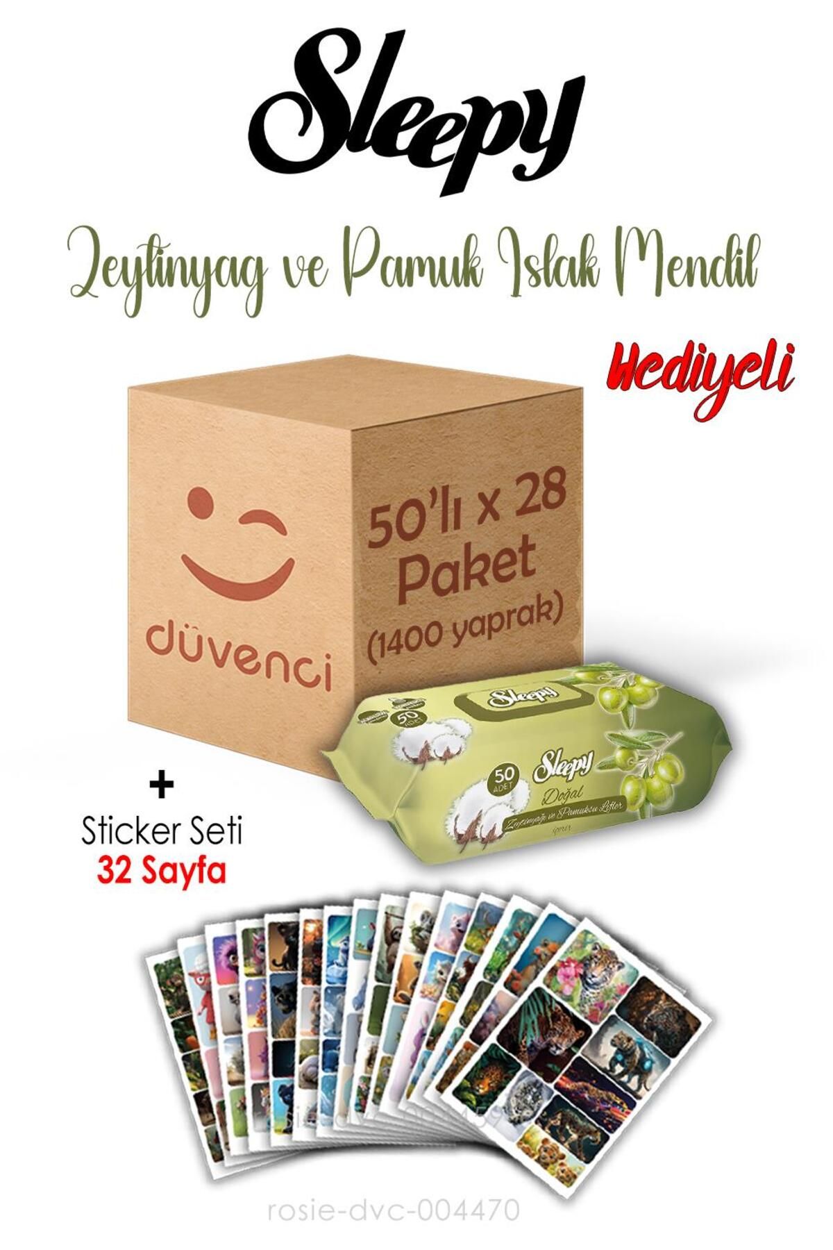 Sleepy Zeytinyağlı ve Pamuklu Islak Havlu Sleepy 50x28 (1400 yaprak) ve Sticker Seti 32 Sayfa