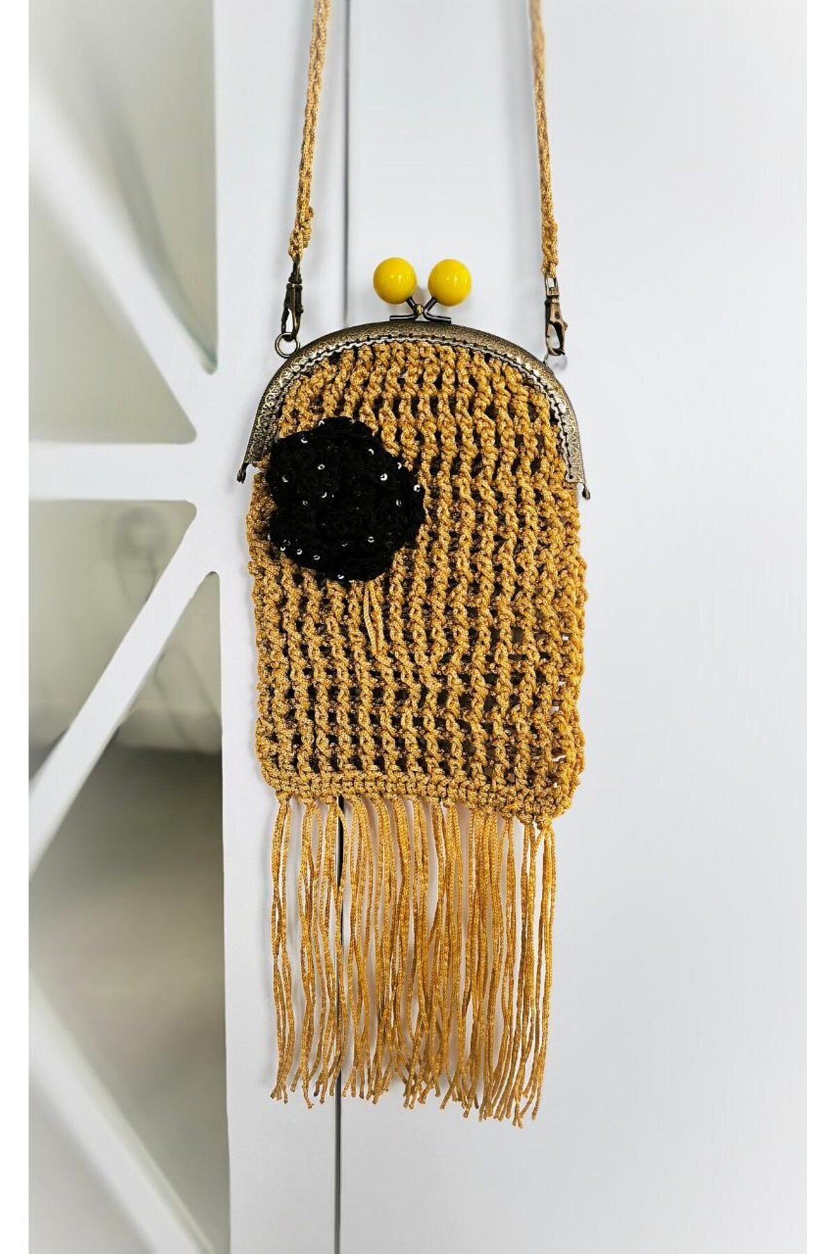 BagsDecor abiye burslu klipsli örme altın sarı siyah çiçekli plaj örgu yaz omuz çantası