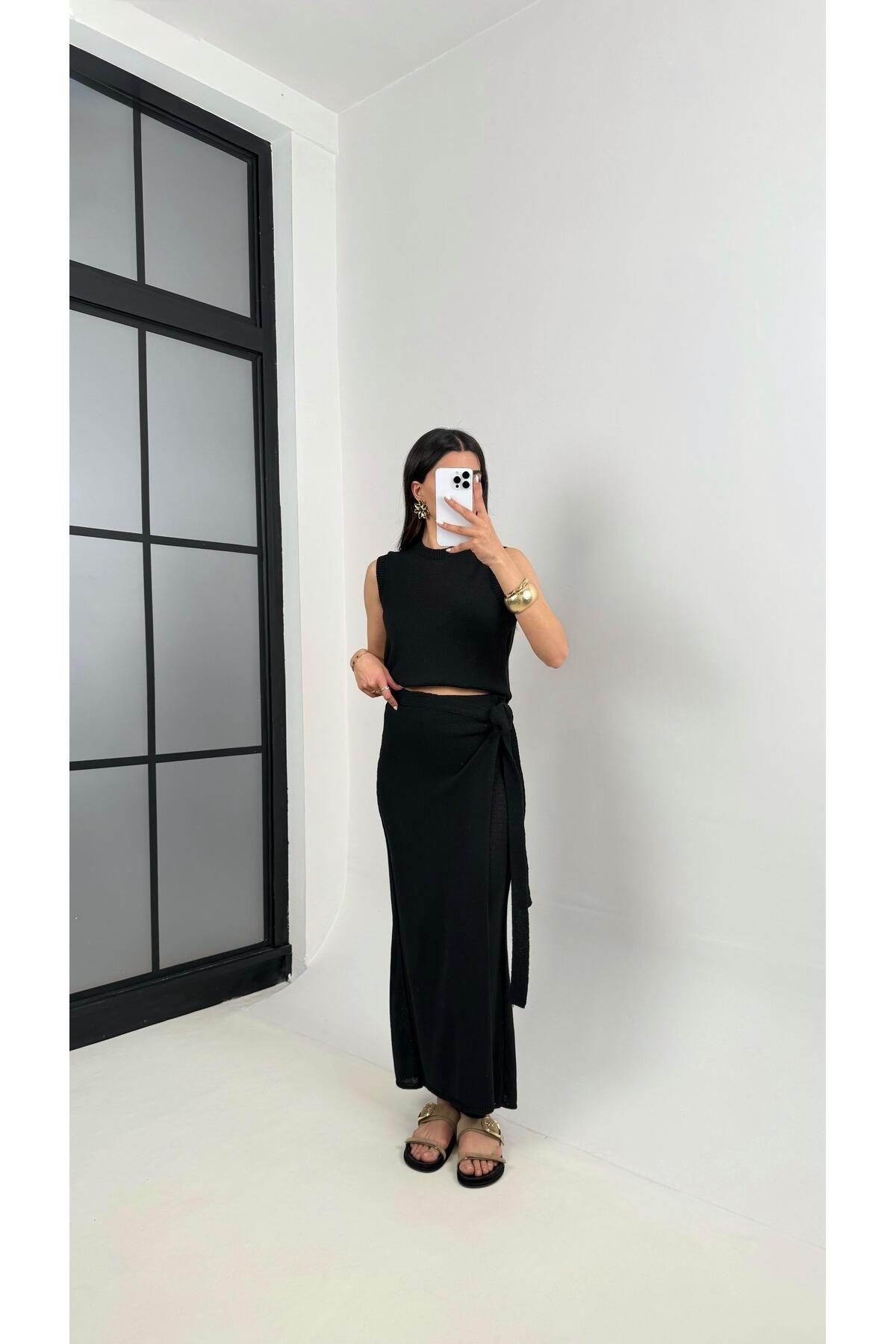 Gaus Siyah Etekli Pantolon Sıfır Kol Triko Takım Gaus00399