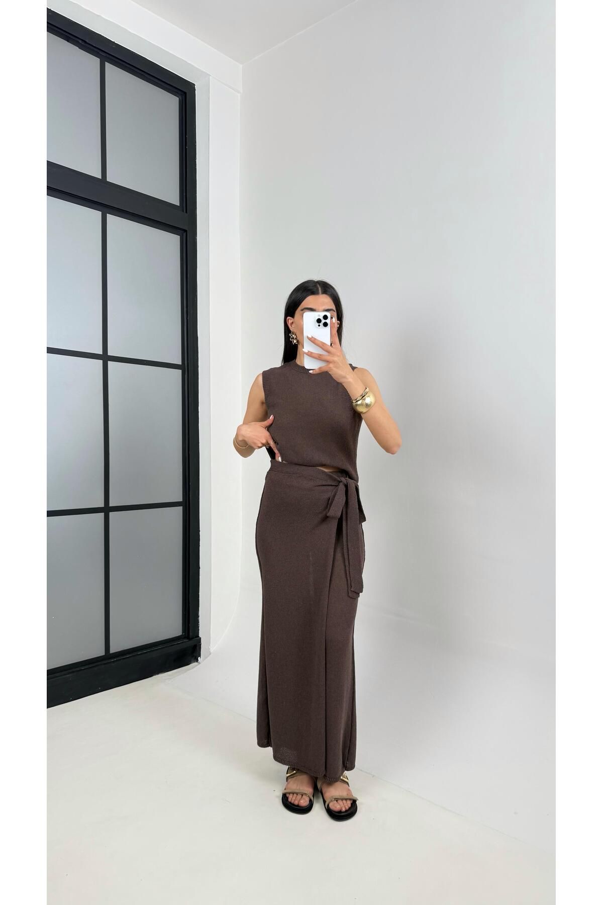 Gaus Kahve Etekli Pantolon Sıfır Kol Triko Takım Gaus00399