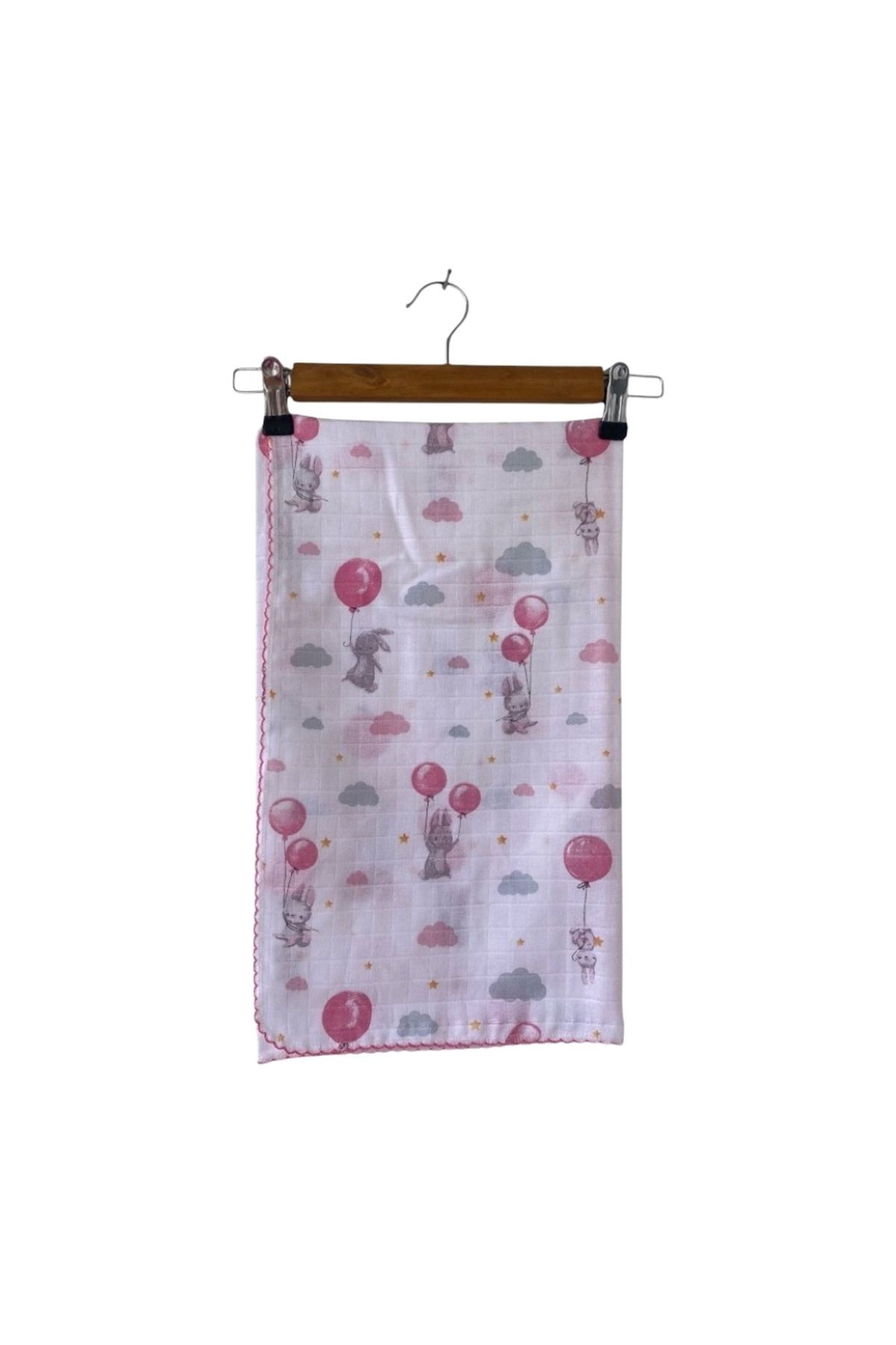 gültekin bebe Balonlu Tavşanlar Tek Kat Müslin Battaniye 80x90 cm- 002579 - PEMBE