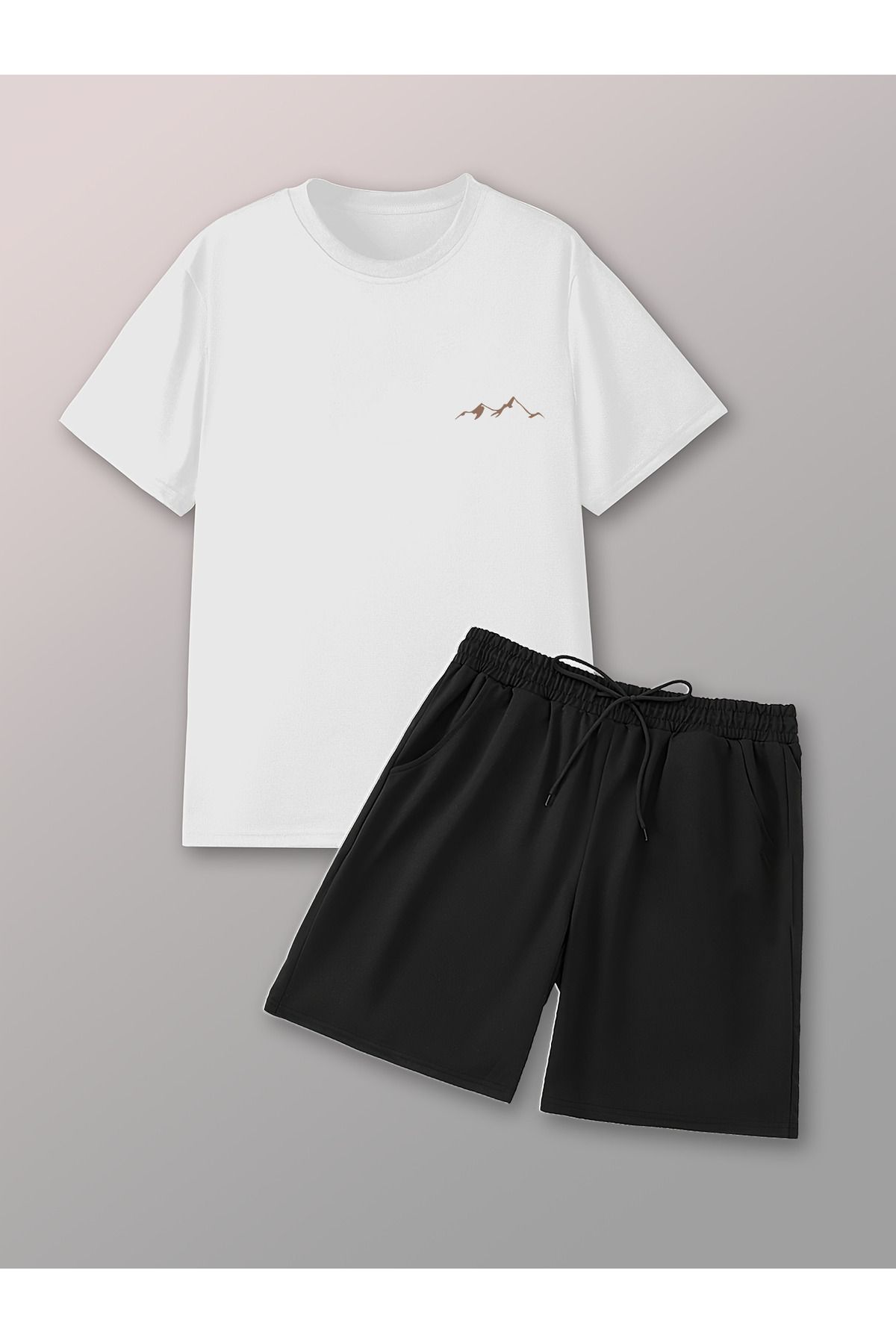 uyguntarz Unisex Dağ (Kahve) Tasarım Basklı Tshirt Şort Takımı