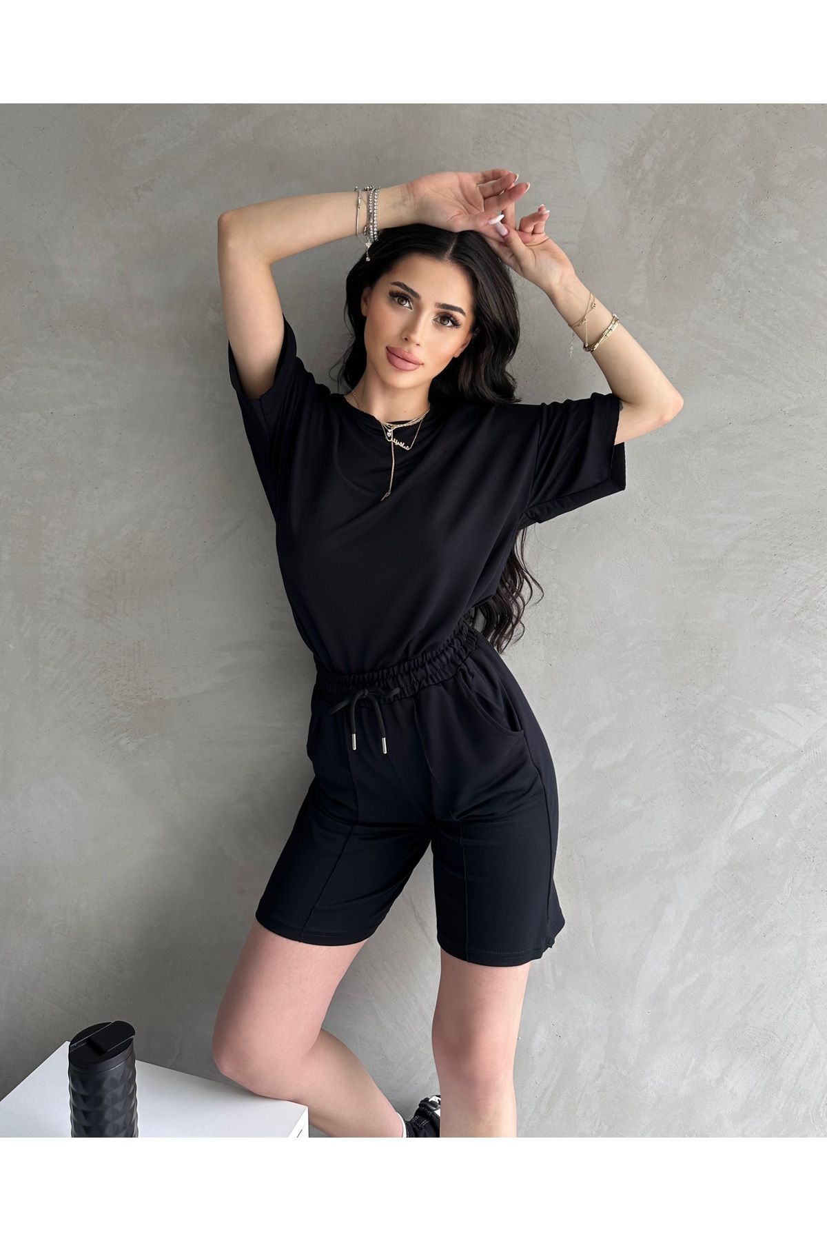 Tarz Cool Kadın Modal Kumaş Oversize Kısa Kollu Kadın Eşofman Takımı, Şortlu, Bağcıklı Yumuşak Kumaş