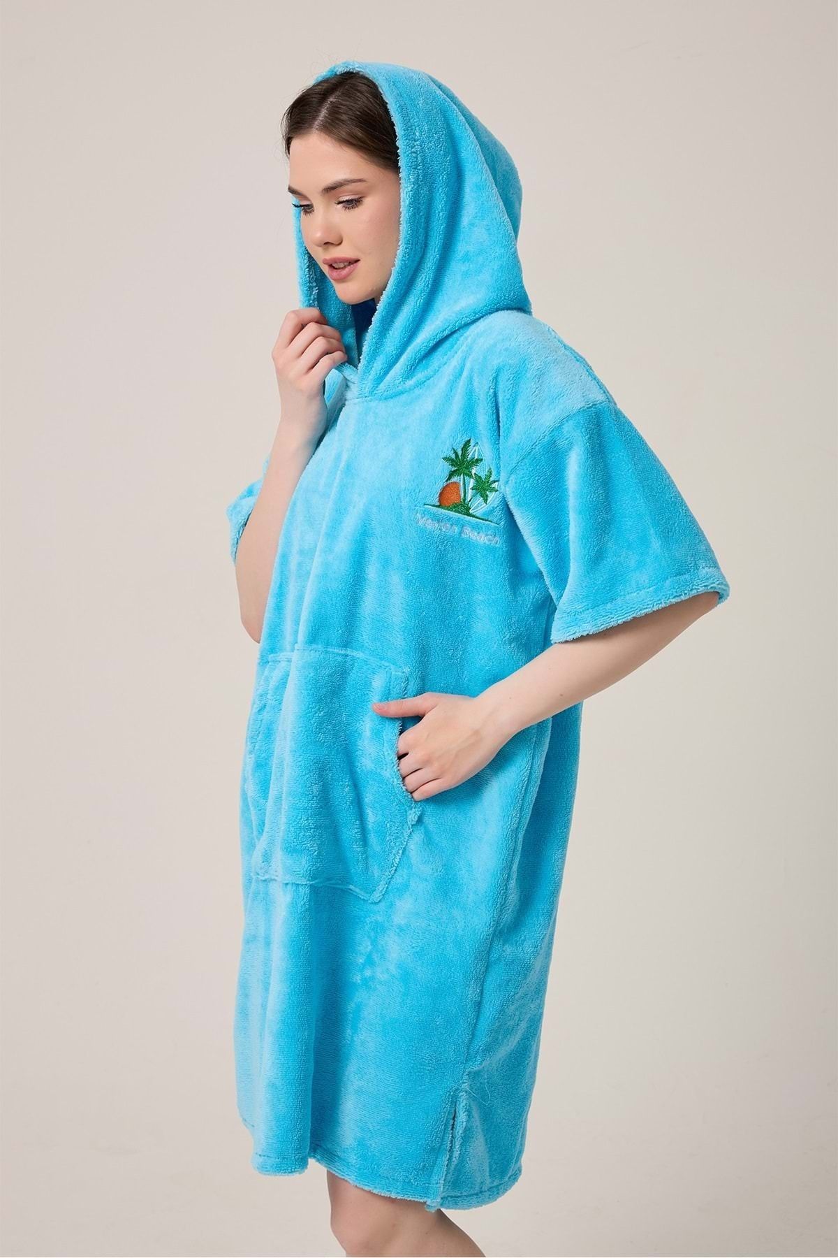 VEVİEN HOME-Palm Surf Embroidered Adult Surfing Summer Poncho Hooded Beach Towel Blue-Unisex 4