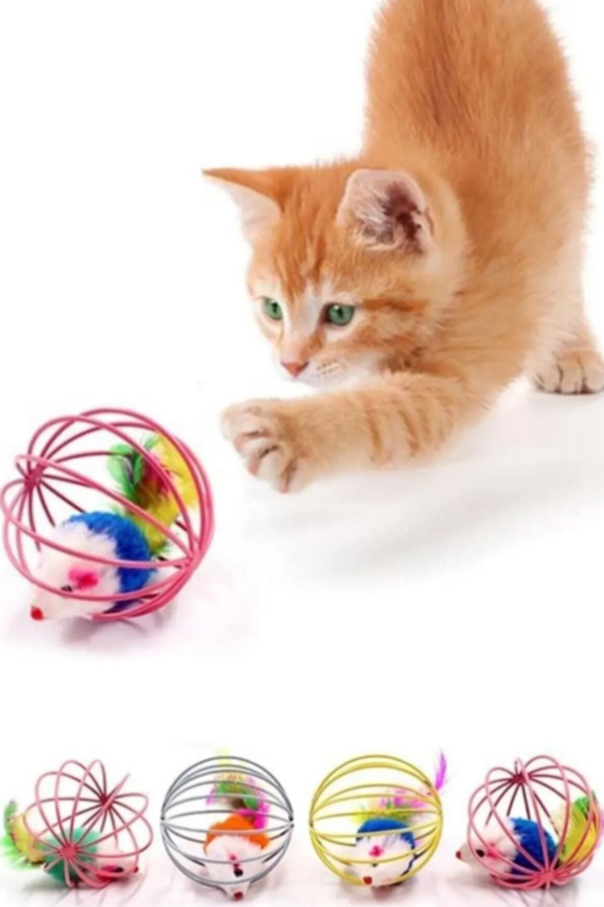 TUMU LIFE Metal Kafesli Pelüş Fareli Kedi Köpek Oyuncağı 6 cm