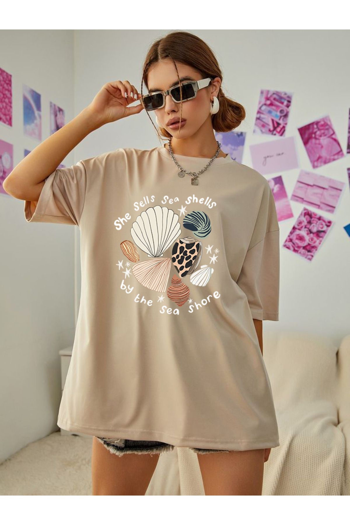 SUNFREE POPÜLER TREND BASKILI GENİŞ KALIP BEJ KADIN T-SHIRT